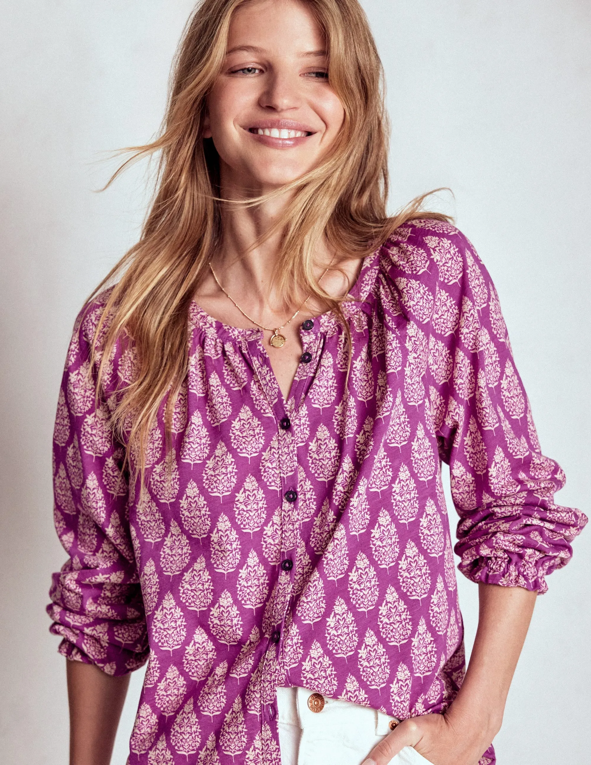 Isla Long Sleeve Jersey Shirt-Purple, Wildflower Bouquet Lightweight Blouse Yarn Dye Stripe