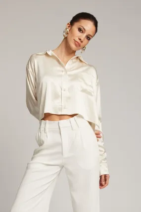 Ivory Silk Cropped Button Down Built In Filter Layer Long Sleeve Tee