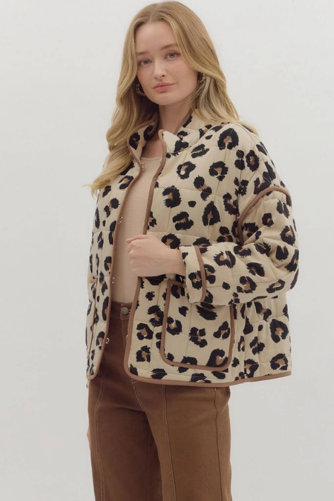 color block Reinforced Seam Durability Janice Quilted Leopard Jacket