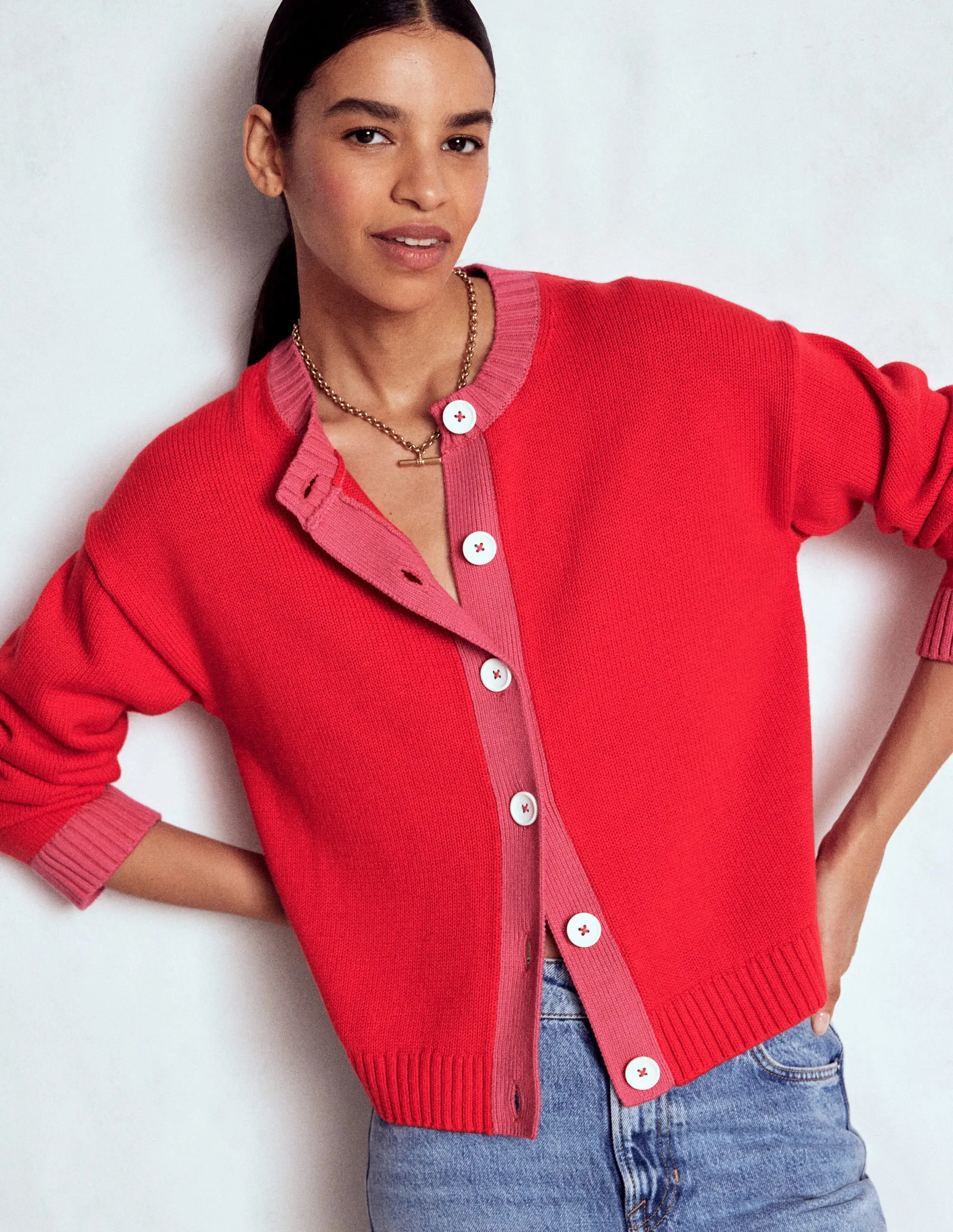 Luminous Thread Accents Cozy Lining Jemma Chunky Cotton Cardigan-Poppy Red