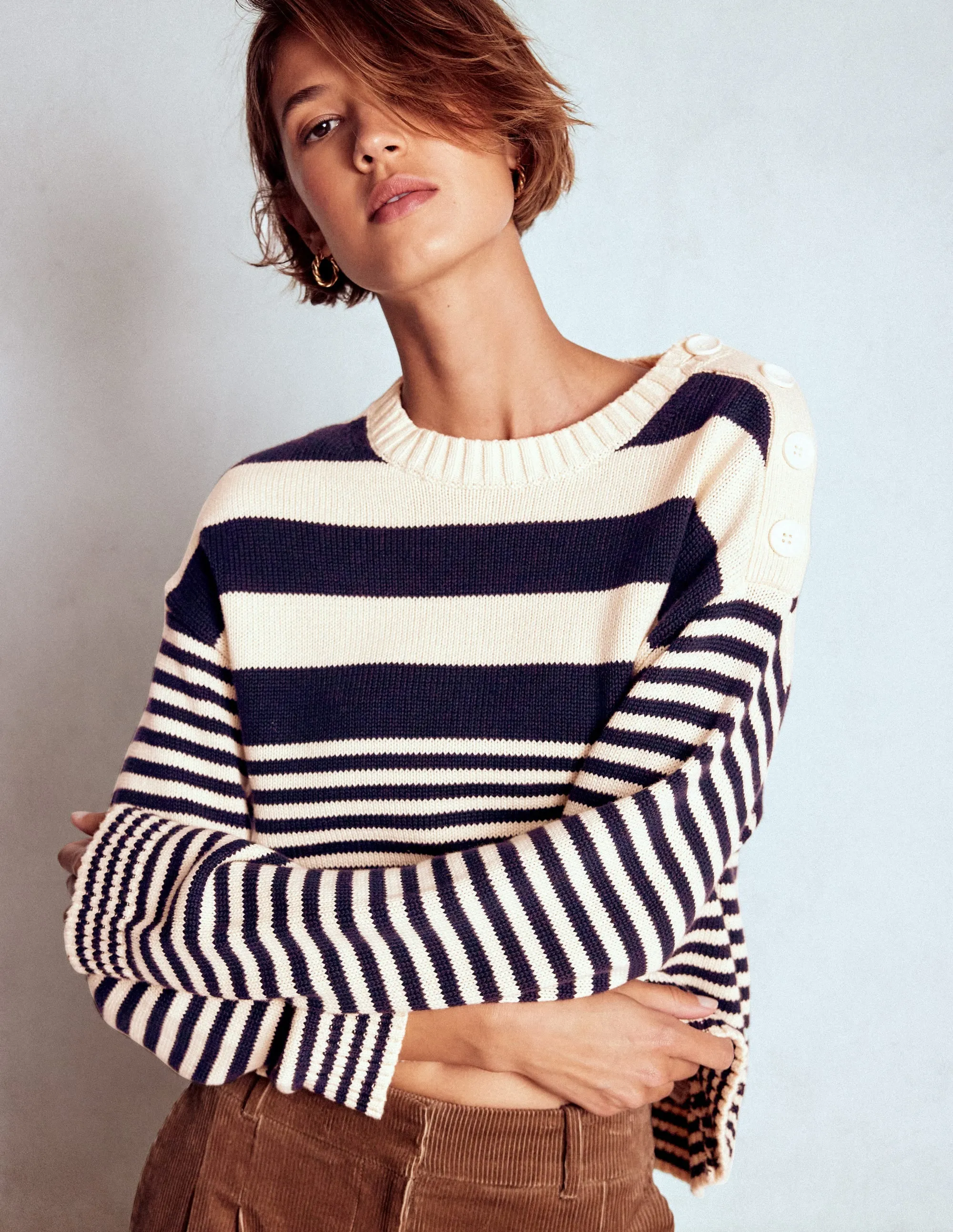 HighElastic Recovery LanolinFree Wool Processing Jemma Chunky Cotton Jumper-Warm Ivory/ Navy