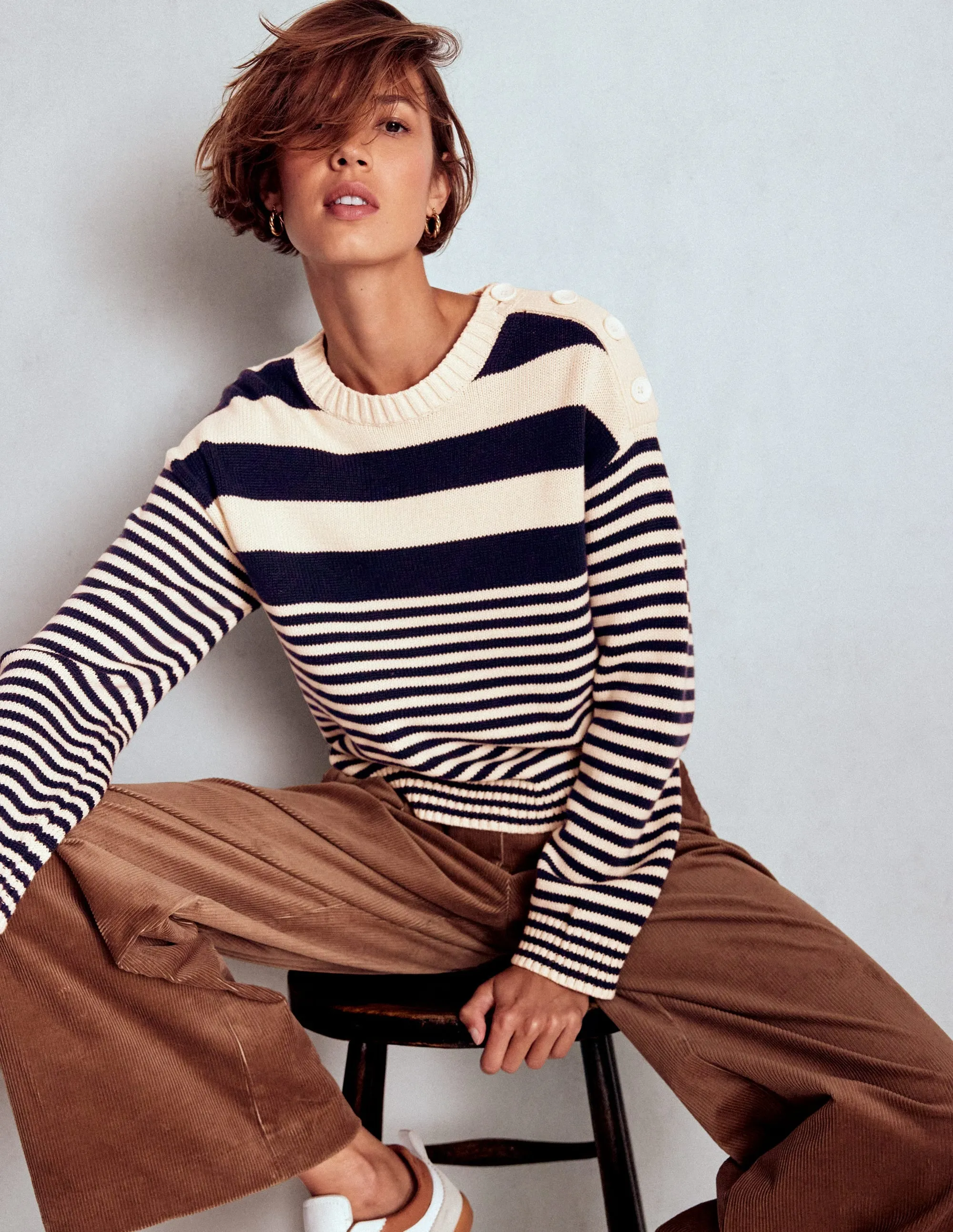 Jemma Chunky Cotton Jumper-Warm Ivory/ Navy Natural Fiber Composition