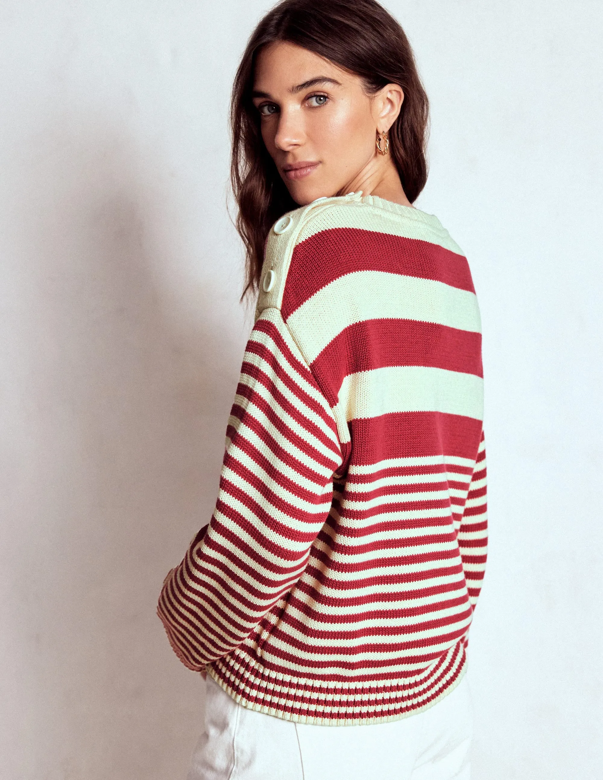 Light Reflective Trims Jemma Chunky Cotton Jumper-Warm Ivory/ Terracotta