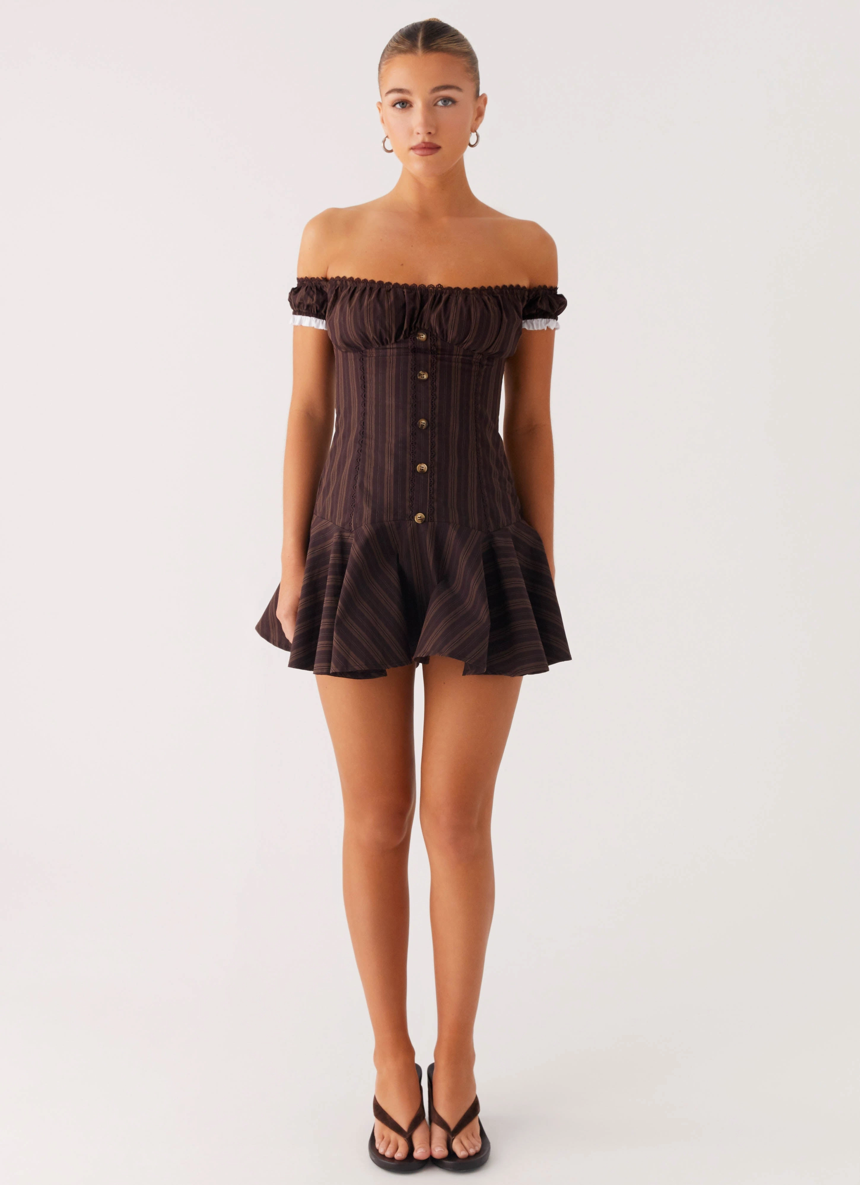 Jumana Off Shoulder Mini Dress - Toffee Stripe