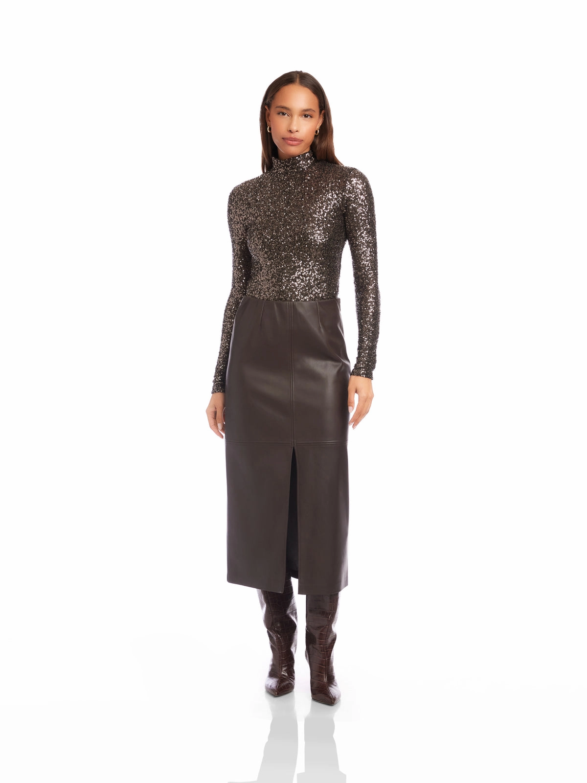 Kaia Faux Leather Midi Skirt in Brown Smart Texture Affordable Fashion