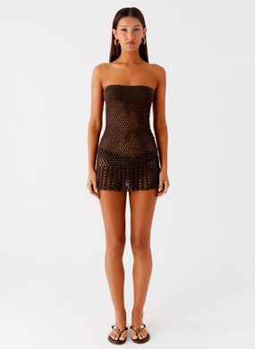 Kaiane Strapless Crochet Mini Dress - Chocolate