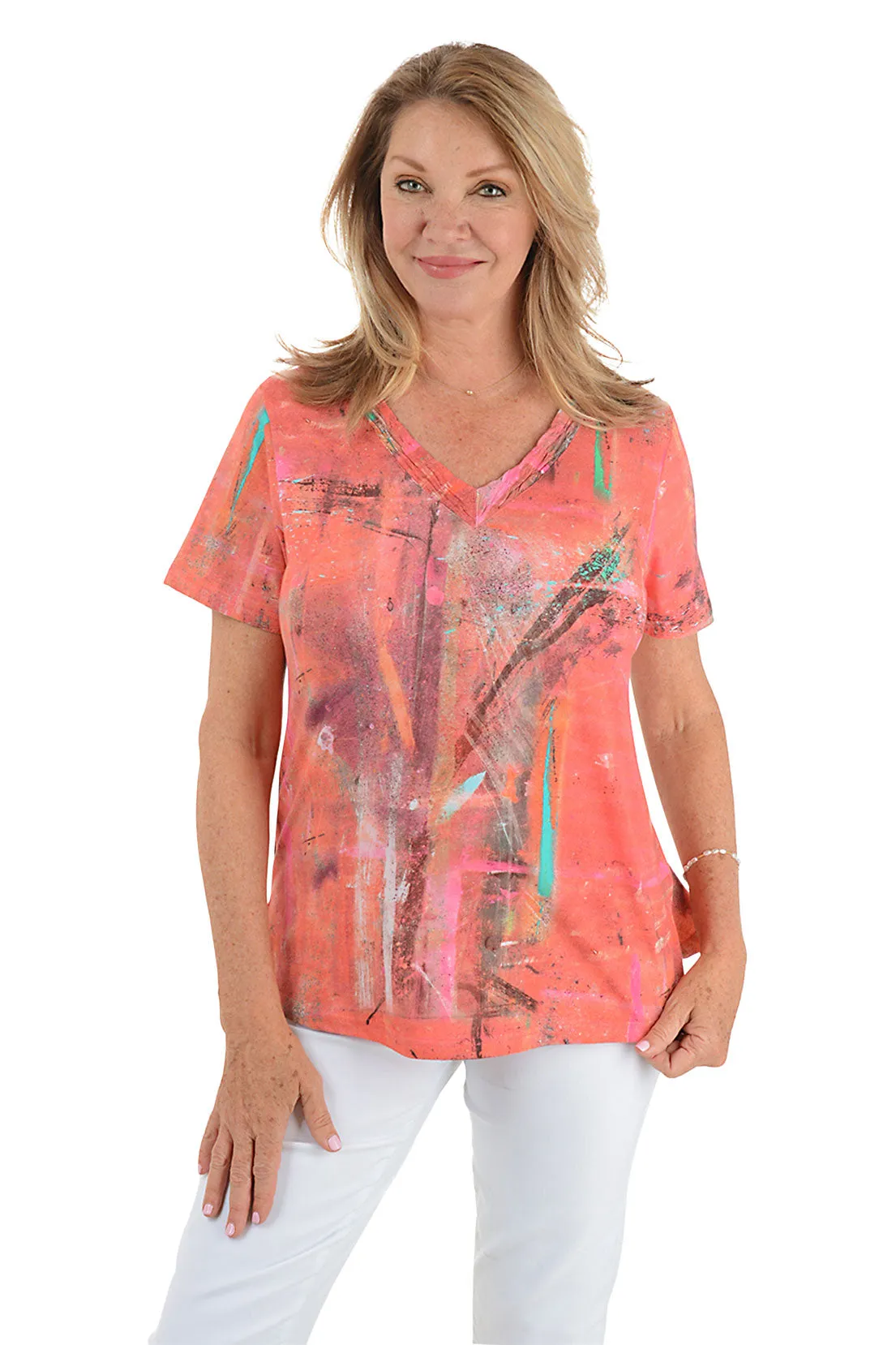 Hydrophobic Threadwork Sustainable Material Blend Kelly Shirred V-Neck Tee