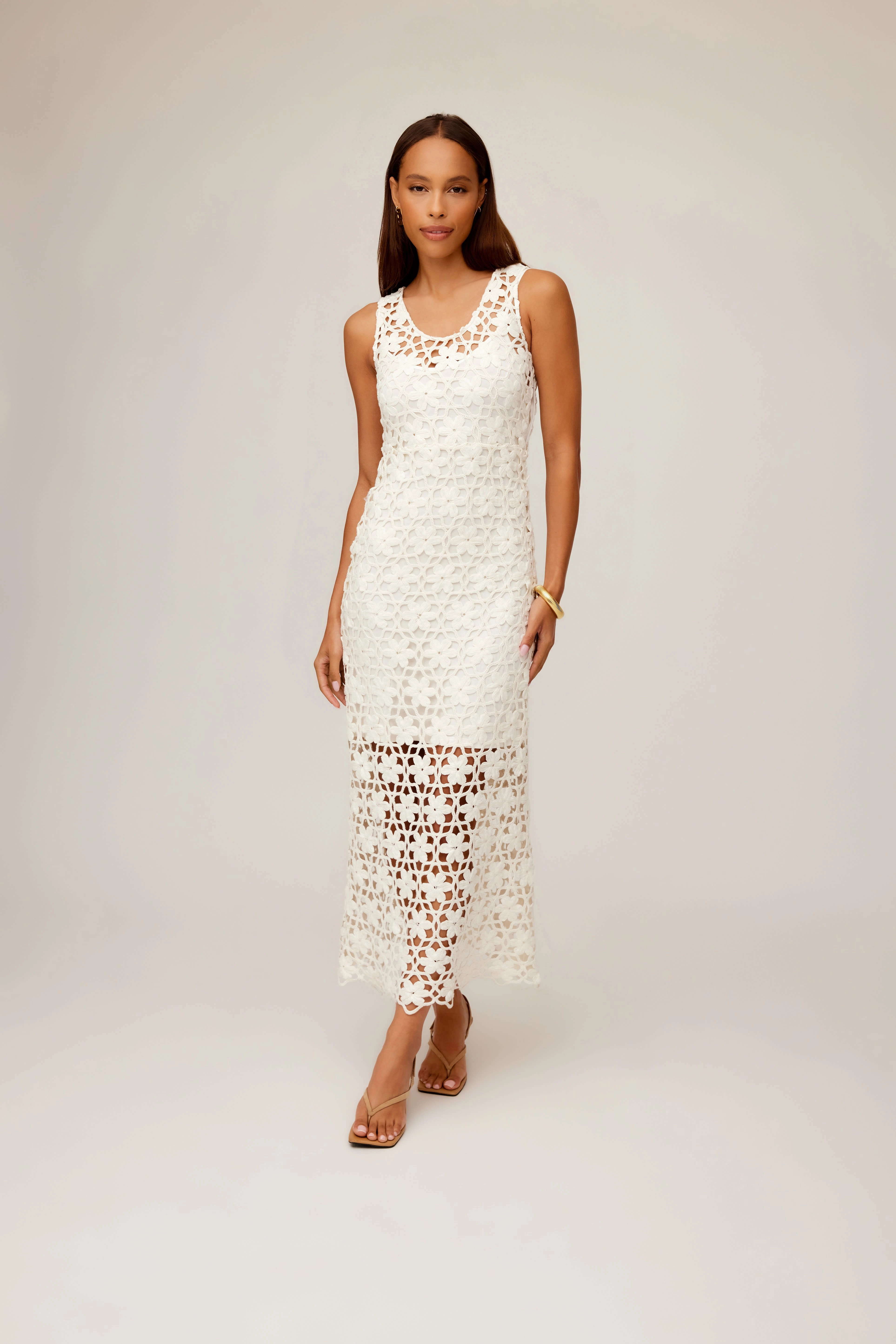 Velvet-Edge Kelsie Crochet Dress Ivory