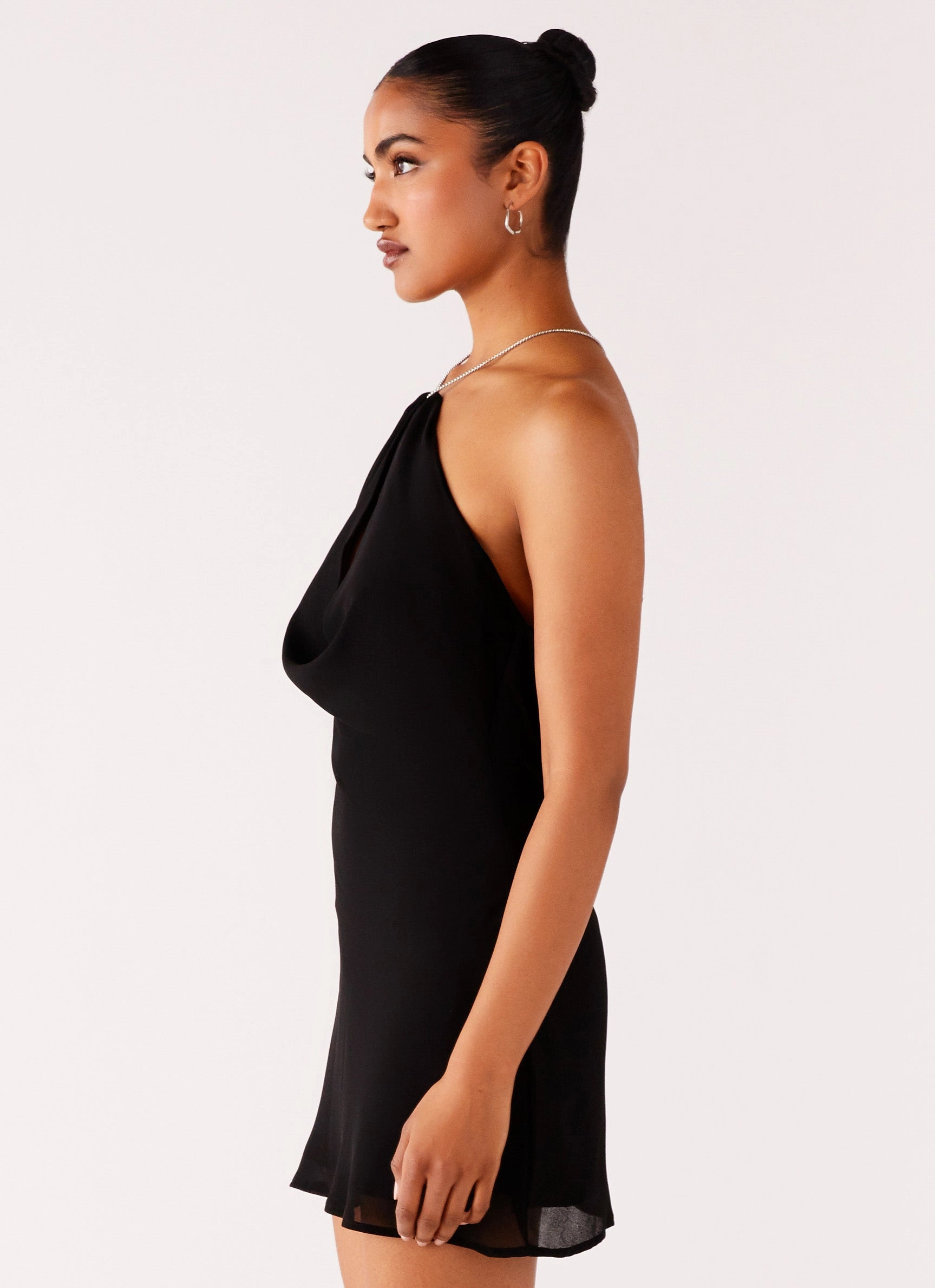 Key Hole Cowl Neckline Mini Dress - Black