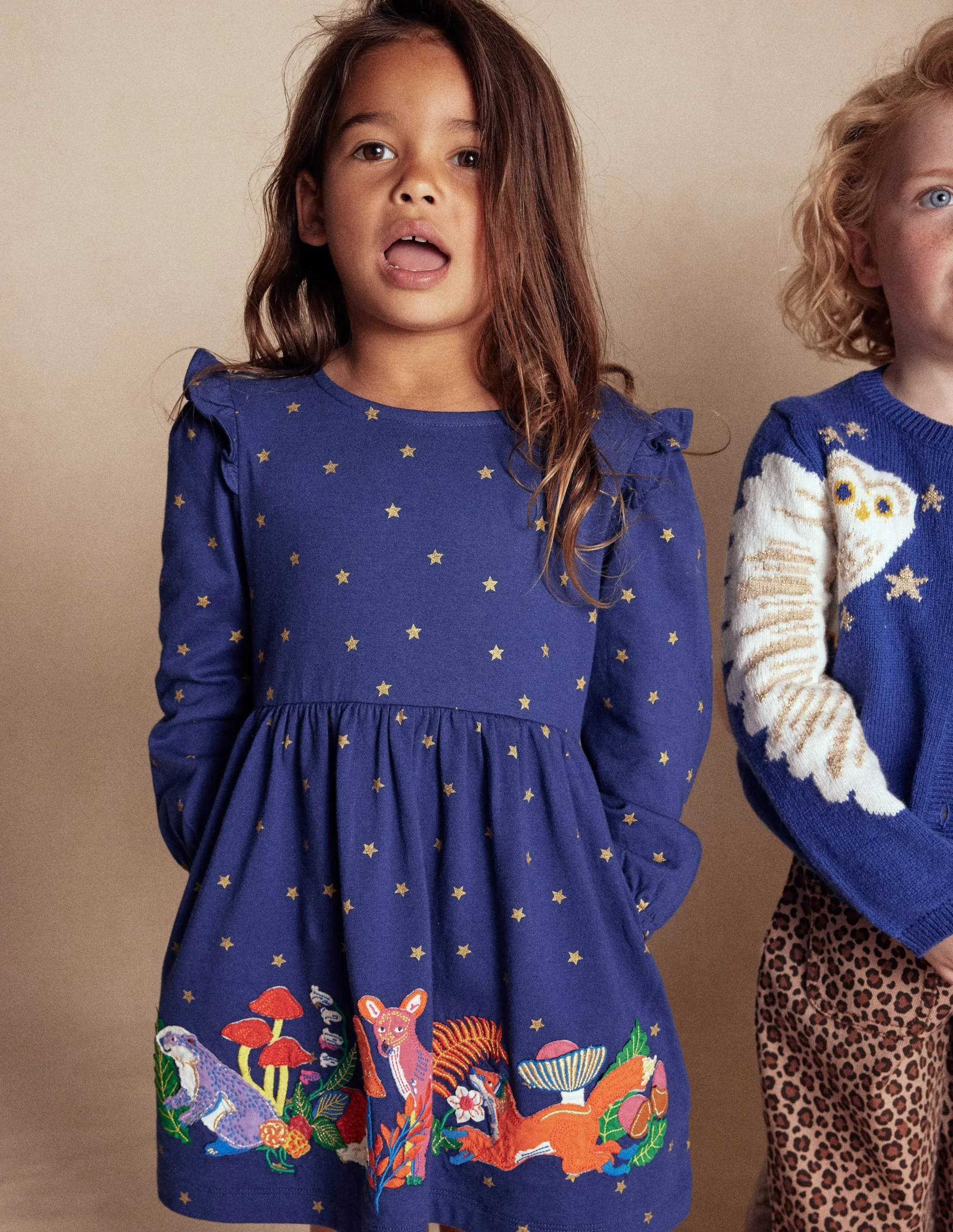 Appliqu Jersey Dress-College Navy Animals Flattering Look Wear