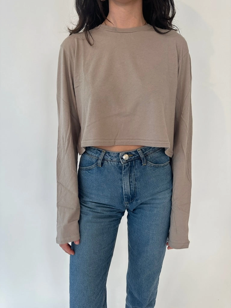 LayeredCuff Khaki Cotton Cropped Long Sleeve Tee