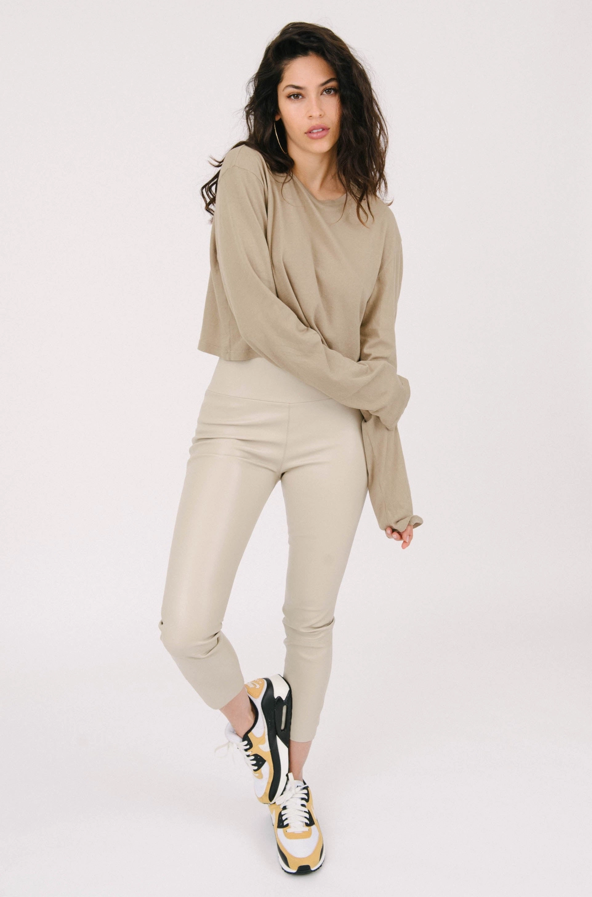 Khaki Cotton Cropped Long Sleeve Tee Elastic Edge Binding