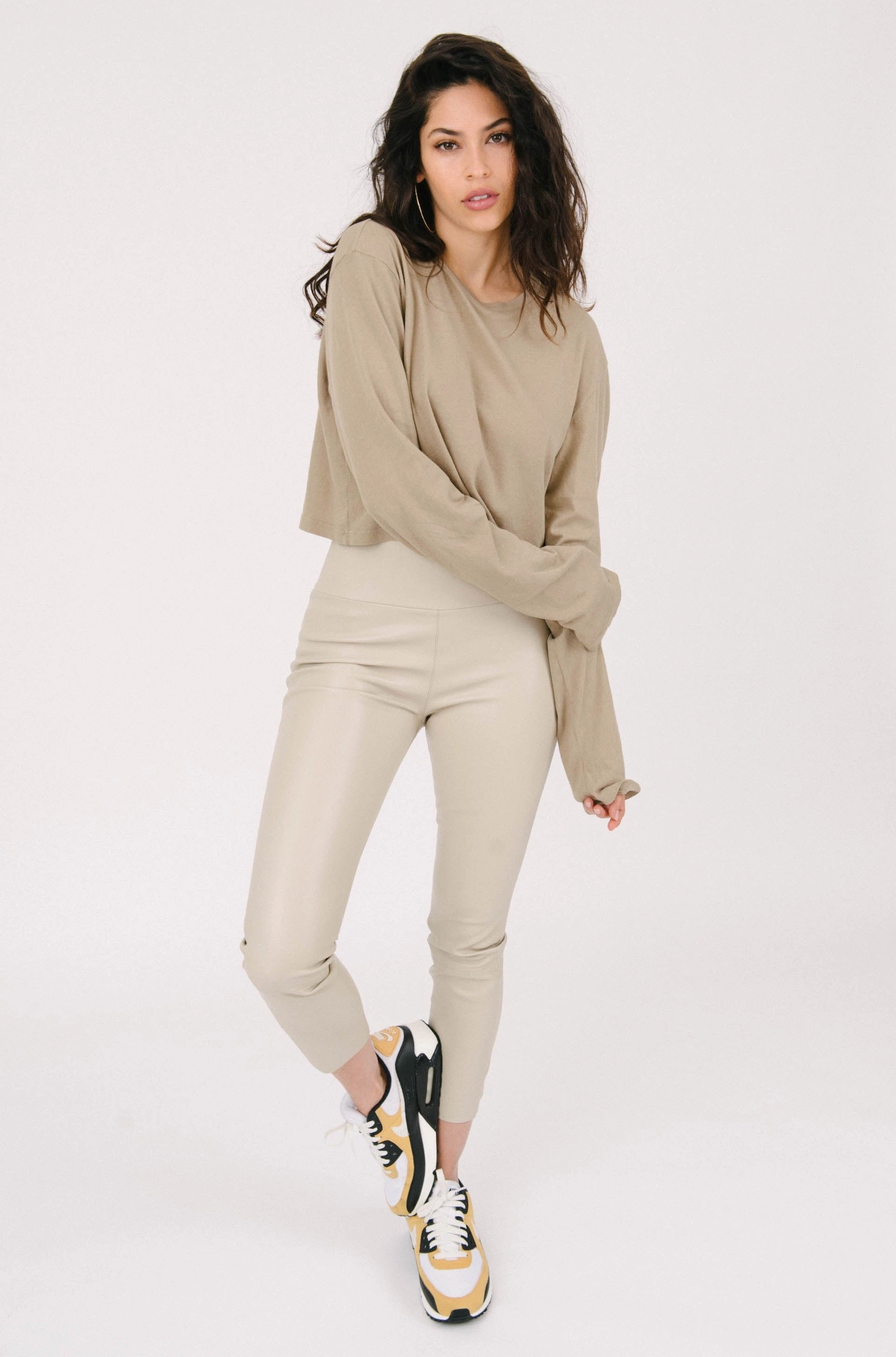 Adjustable Hem Toggles Soft Knit Khaki Cotton Cropped Long Sleeve Tee