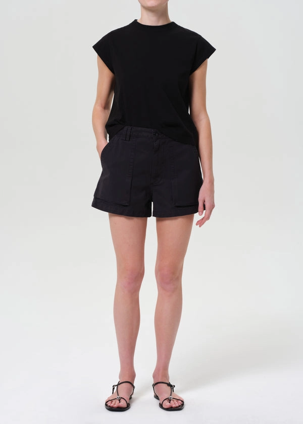 Kiva Mid Rise Cargo Short in Washed Black Adaptable Design Roomy Fit