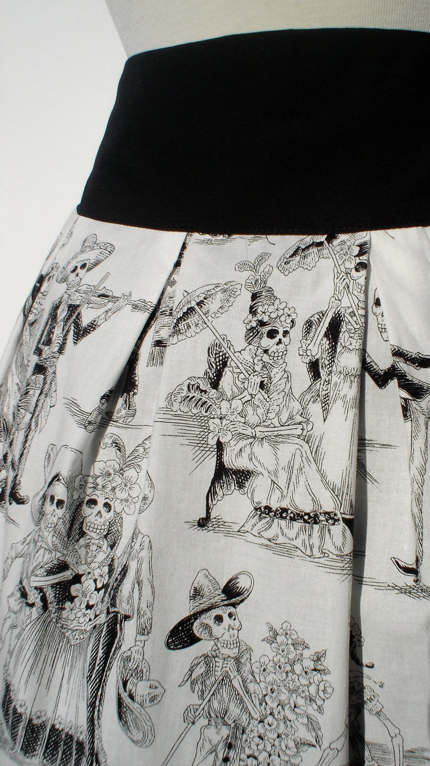 Soft Texture Black and White Catrina Skulls Day of the Dead Skirt #S-RS720