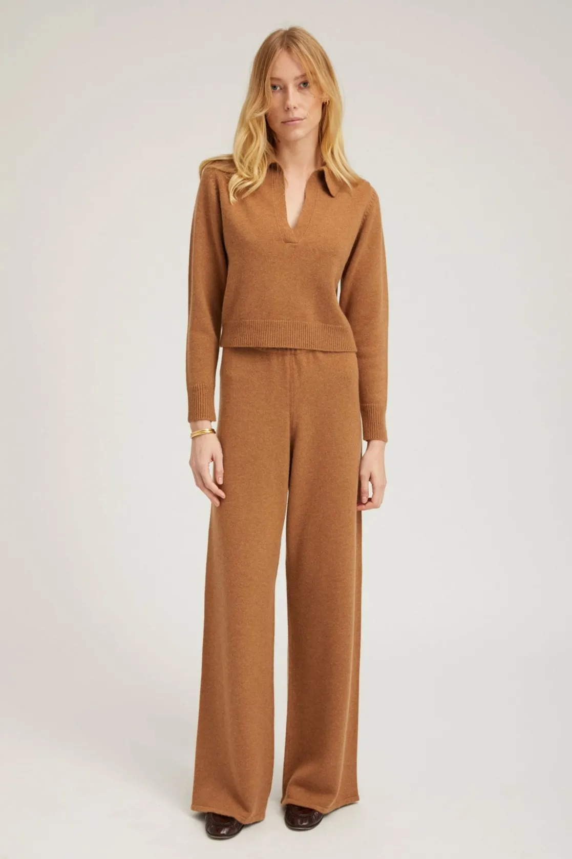 Tan Cashmere Easy Pants LayeredCollar
