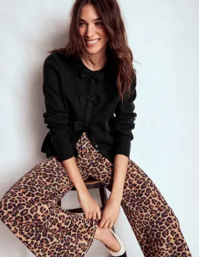 GarmentDyed Finish Knitted Bow Cardigan-Black