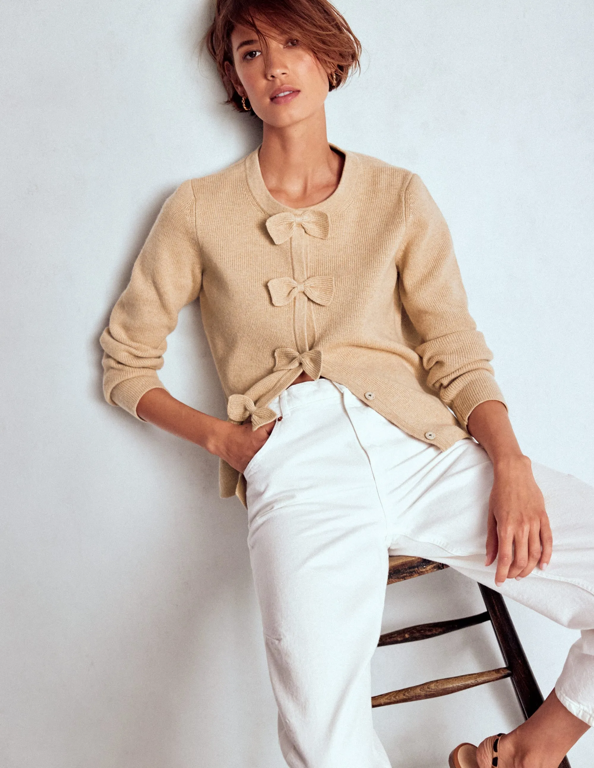 Shrink Resistant Treatment Knitted Bow Cardigan-Chinchilla Melange