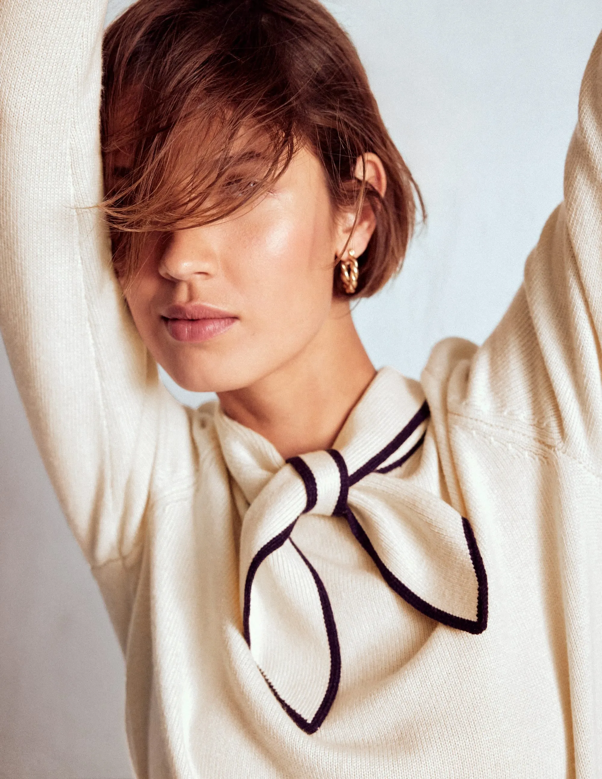 Knitted Bow Jumper-Warm Ivory AntiStatic Lining Clean Style