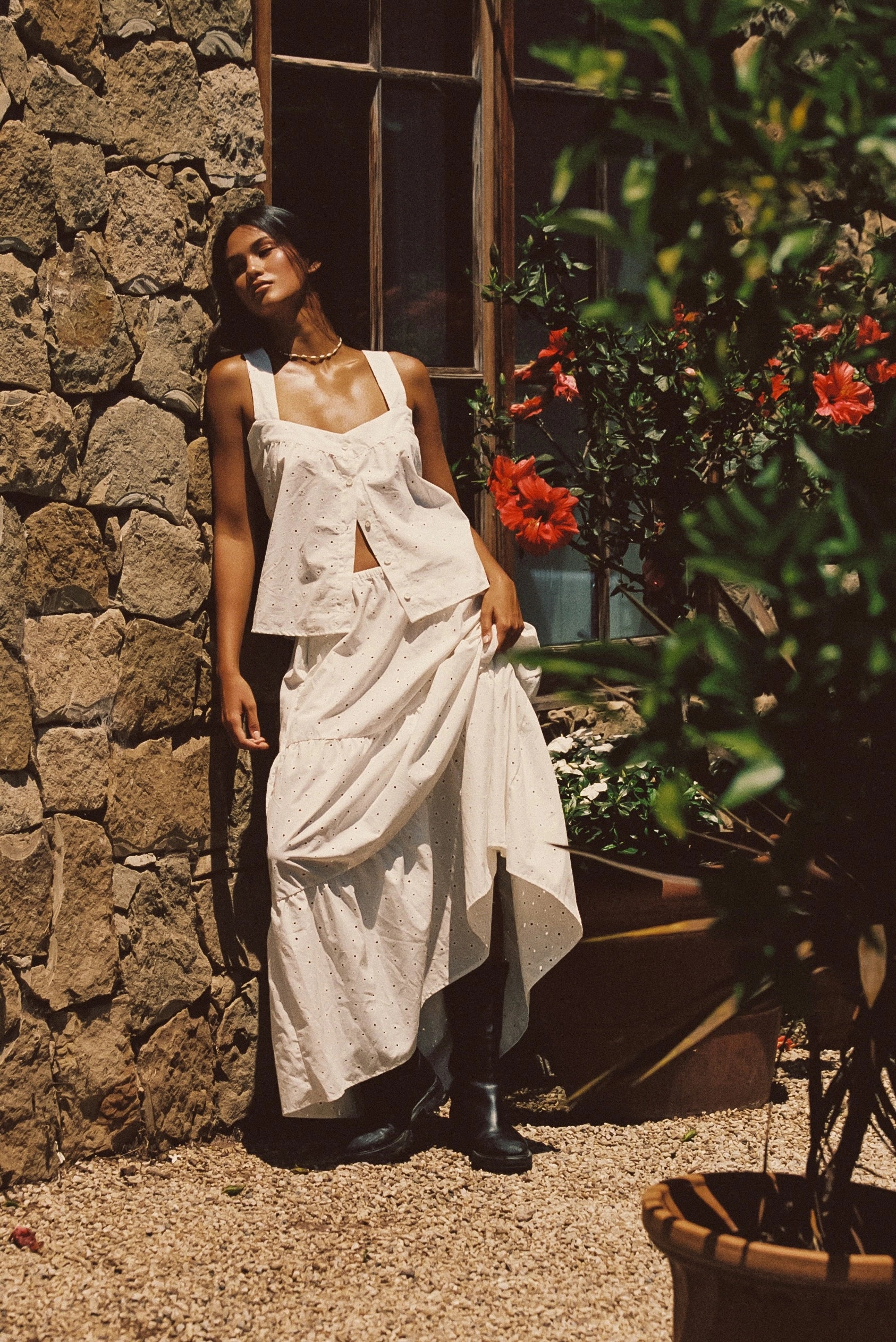 Kristina Maxi Skirt - White Eyelet Weekend Look Fold Over Detail