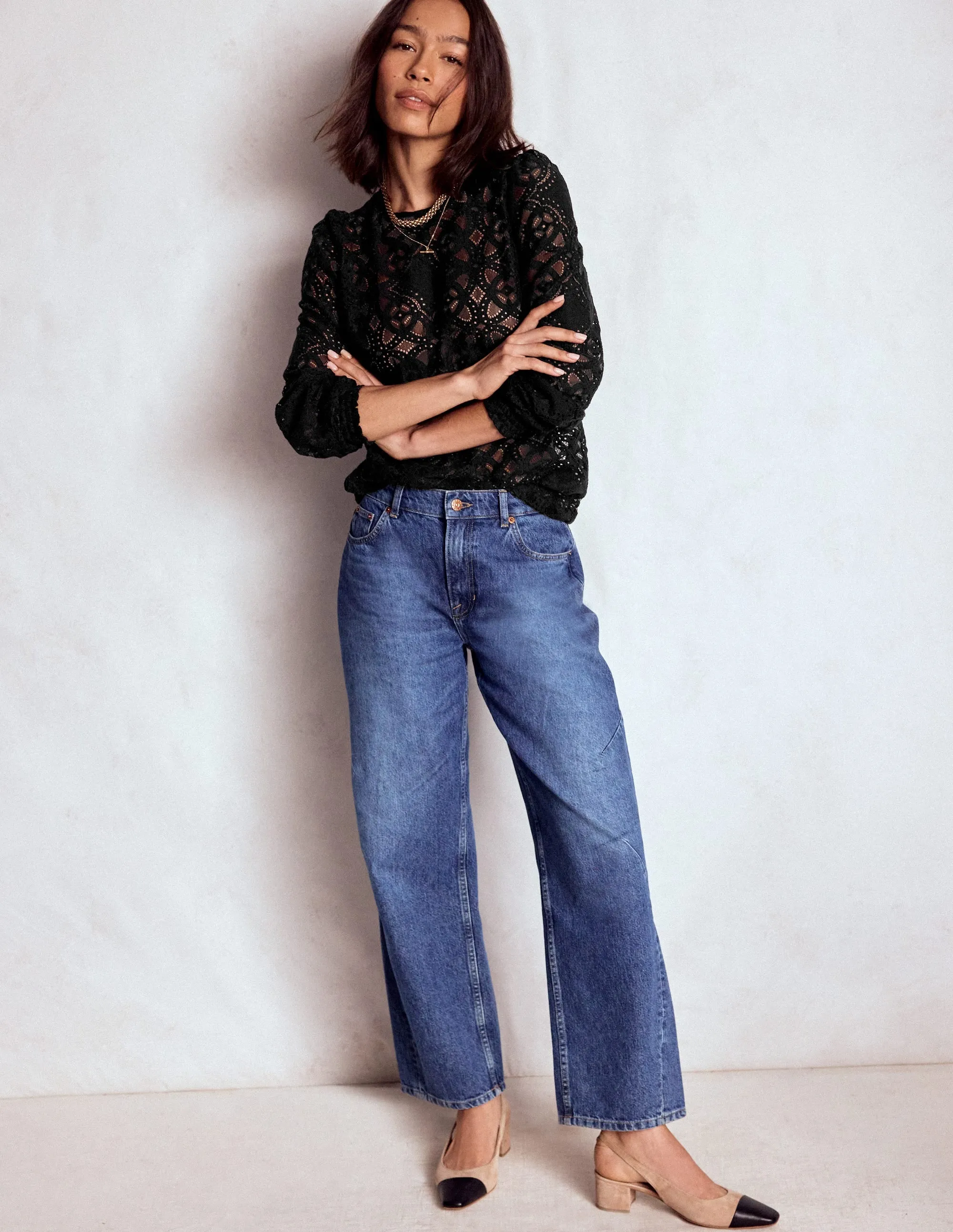 Lace Crew Neck Top-Black HighDensity Weave