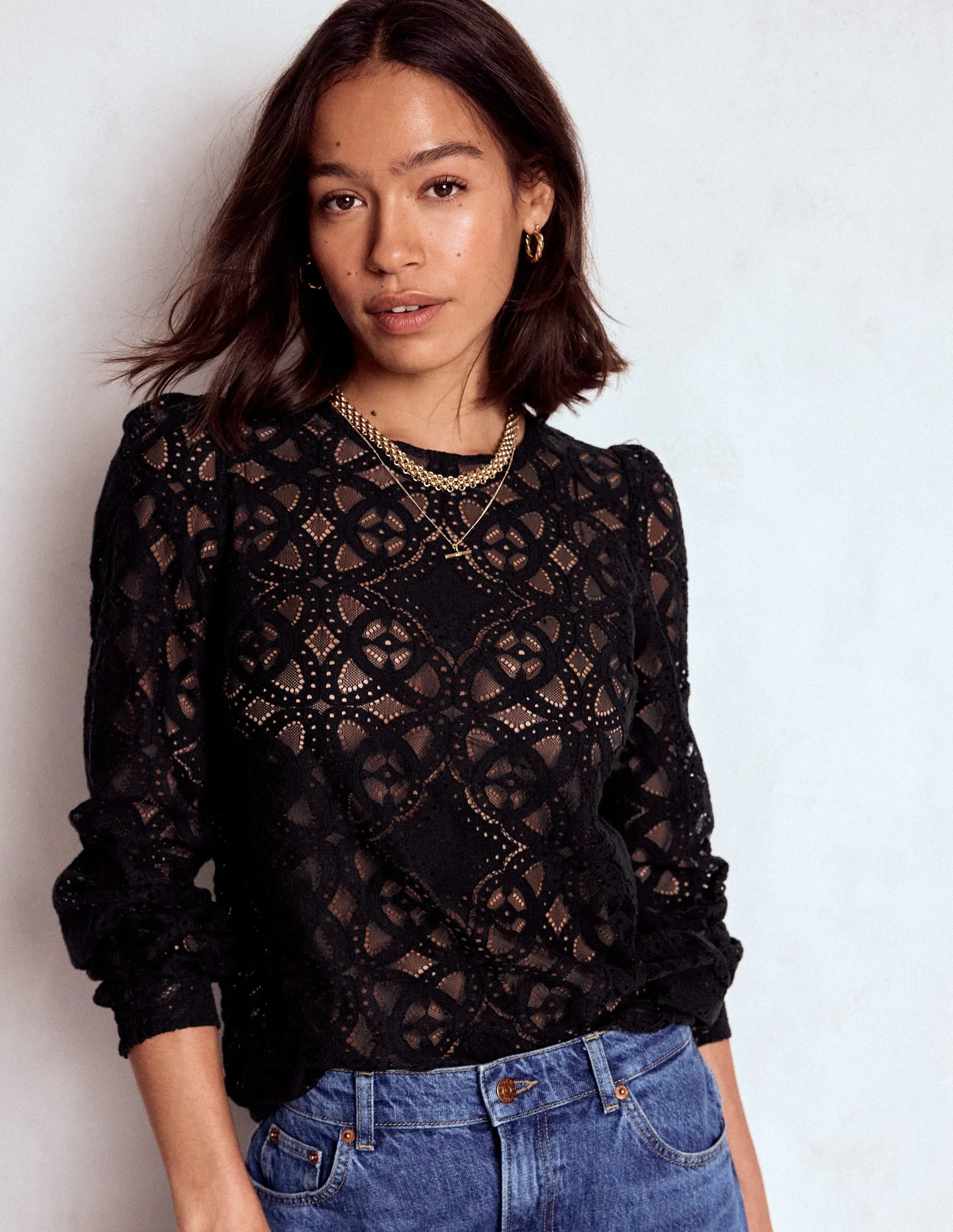 Wrinkle Resistant Treatment Lace Crew Neck Top-Black