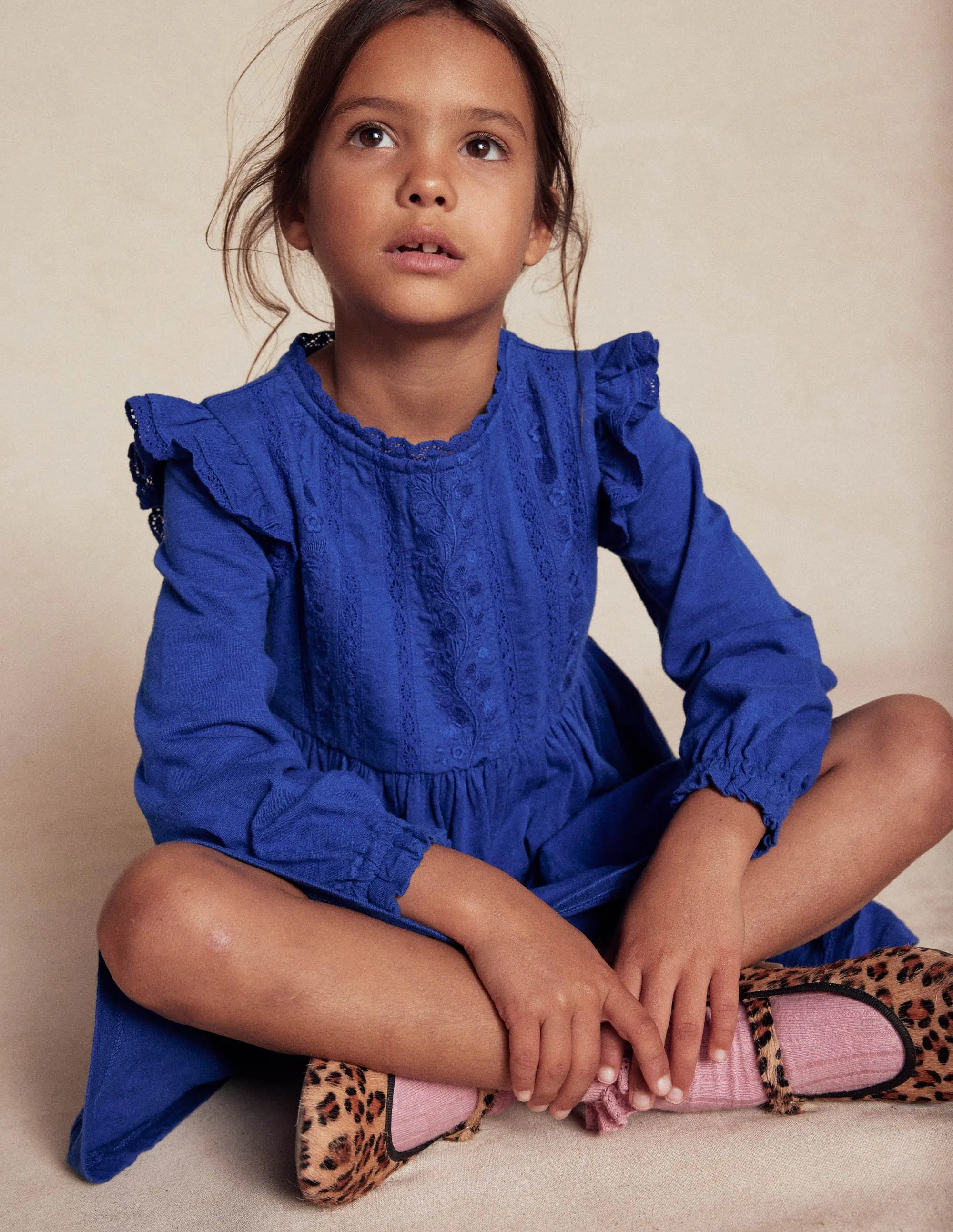 Natural Feel Lace Trim Jersey Dress-Bluejay