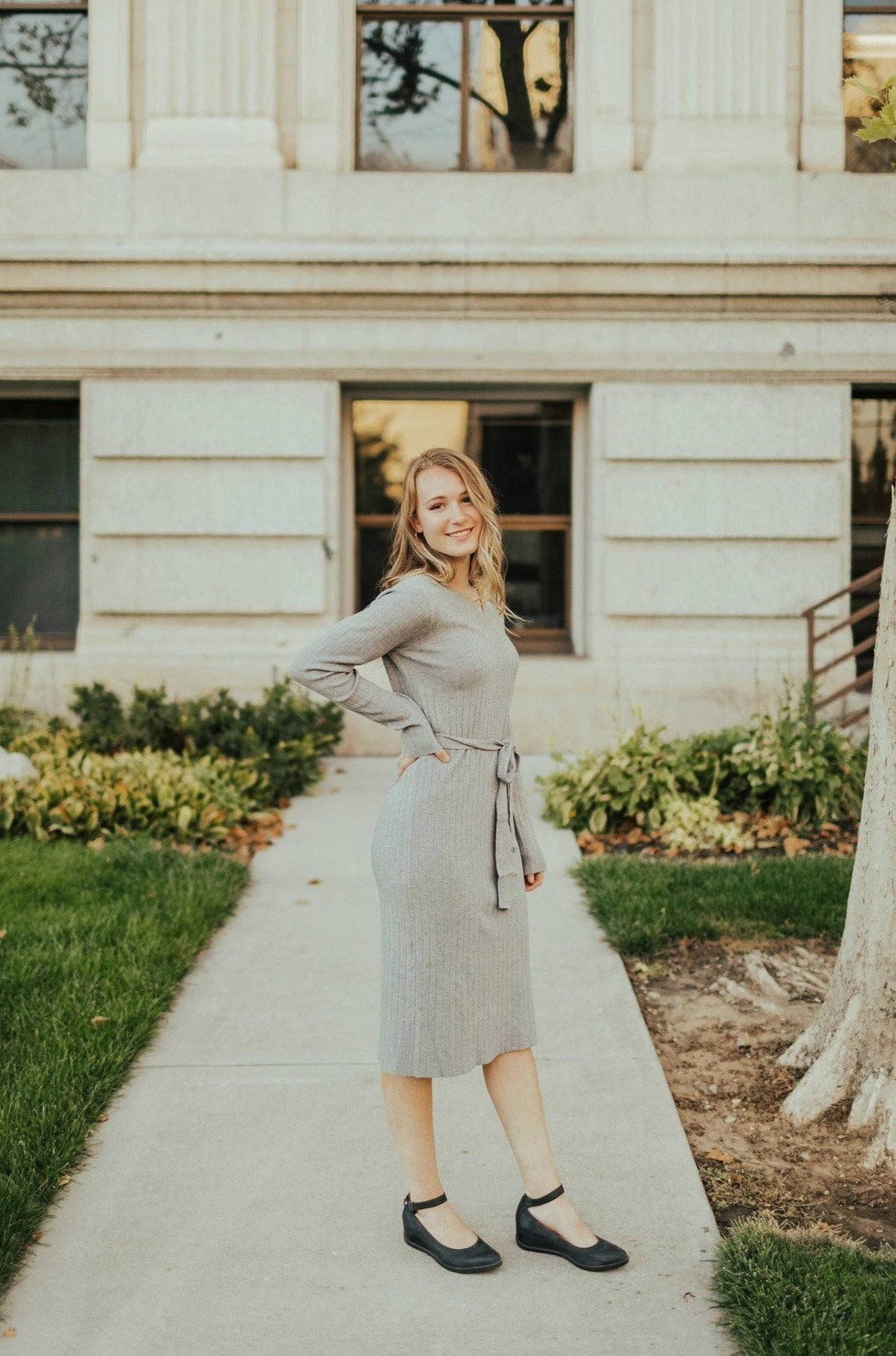 Ribbed-Texture Amy Dress Heather Grey