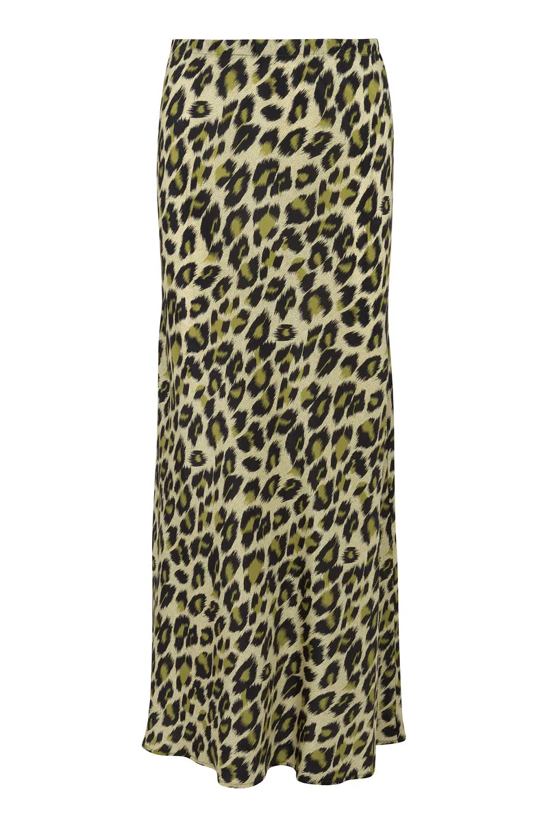 Minimal Vibe Delicate Texture Green Leopard Silk Bias Maxi Skirt