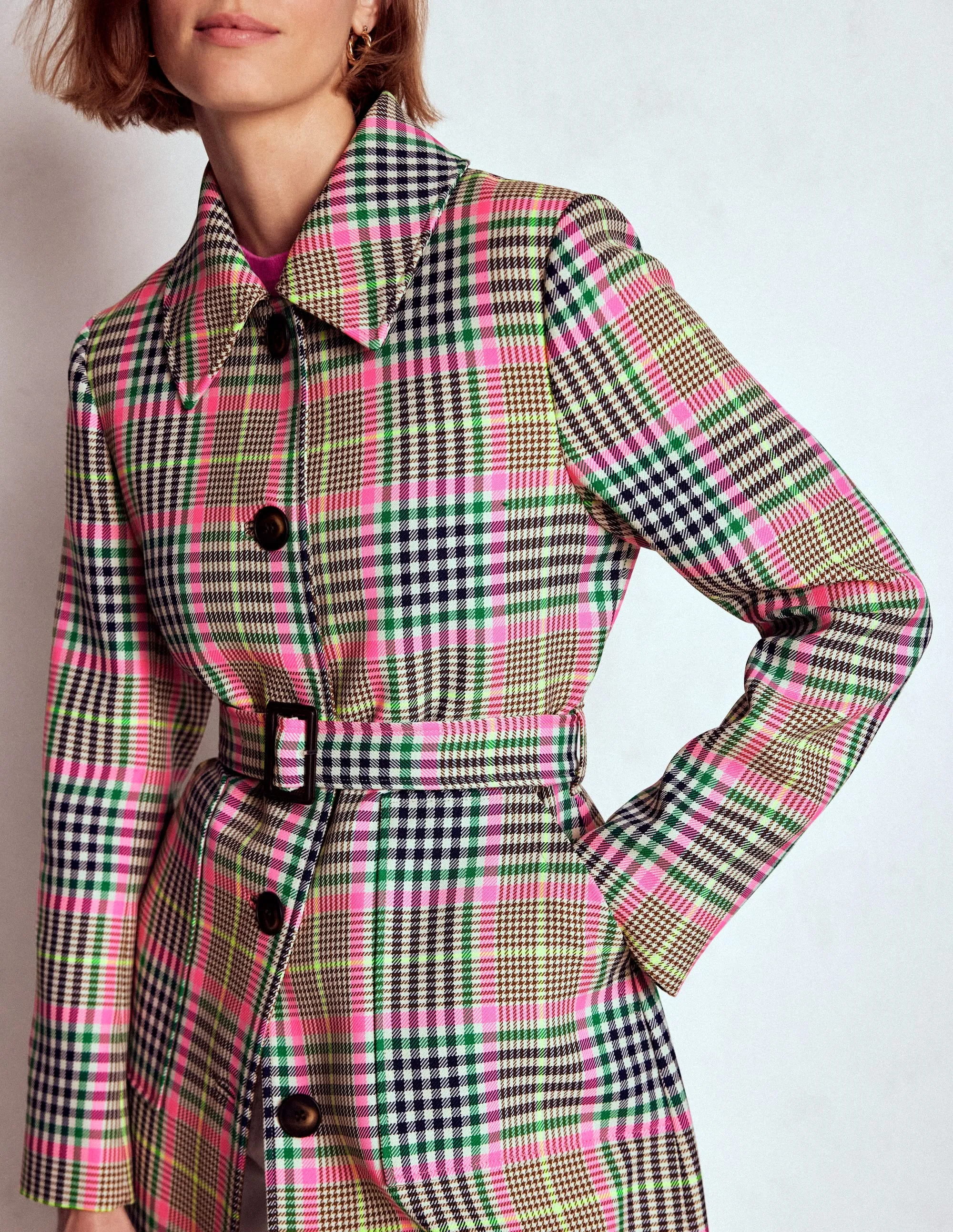 Lancaster Belted Mac-Brown, Neon Pink Check NonRestrictive Movement Design