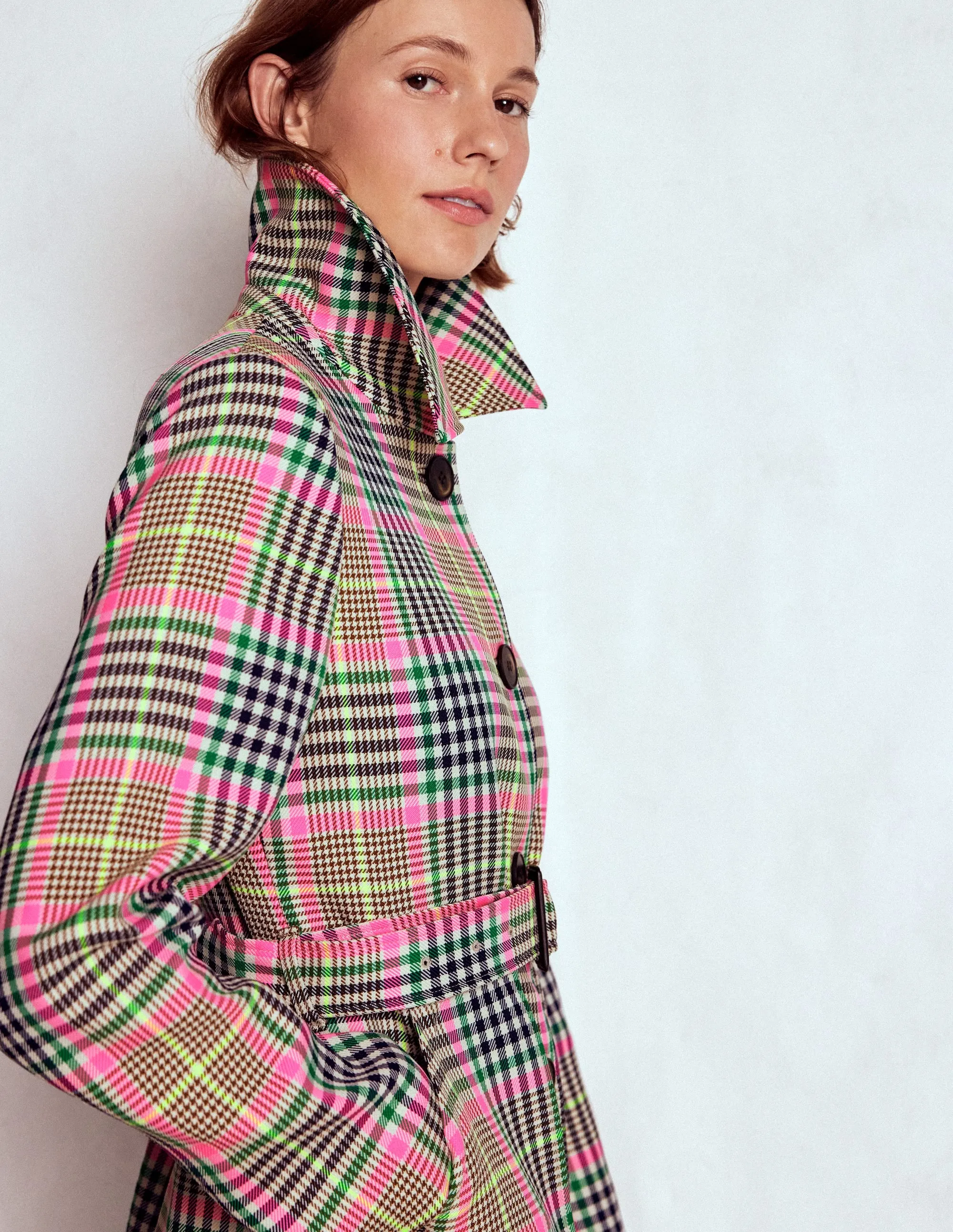 Lancaster Belted Mac-Brown, Neon Pink Check Wind Blocking Fabric Heavyweight Durability