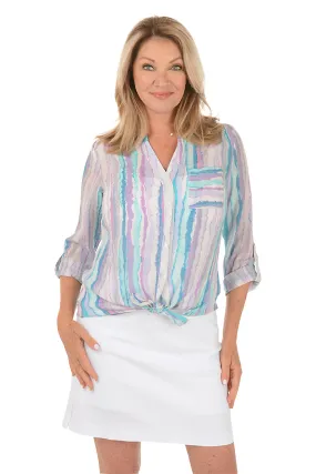 NonRestrictive Armholes Lapis Striped Button-Front Blouse