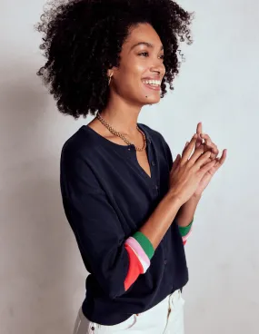 Natural Feel Wearable Basic Lara Relaxed Cotton Cardigan-Navy, Cuff Stripe