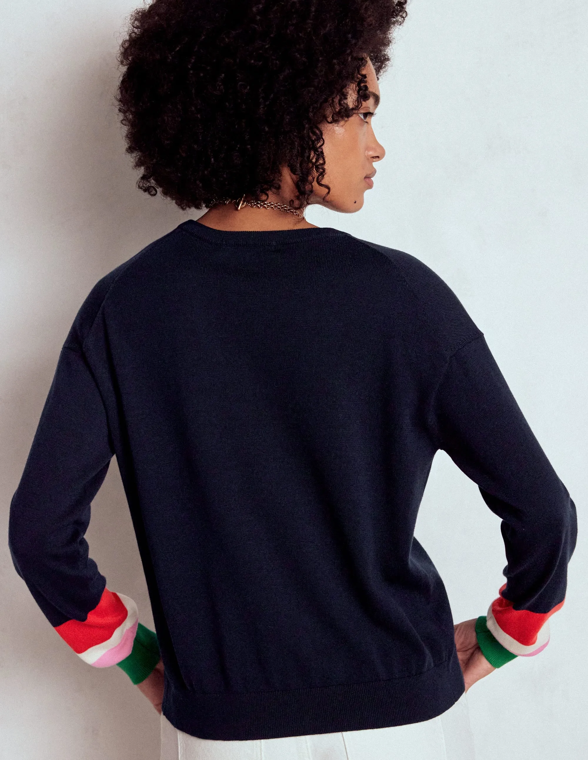 Lara Relaxed Cotton Cardigan-Navy, Cuff Stripe Garment Dyed Process