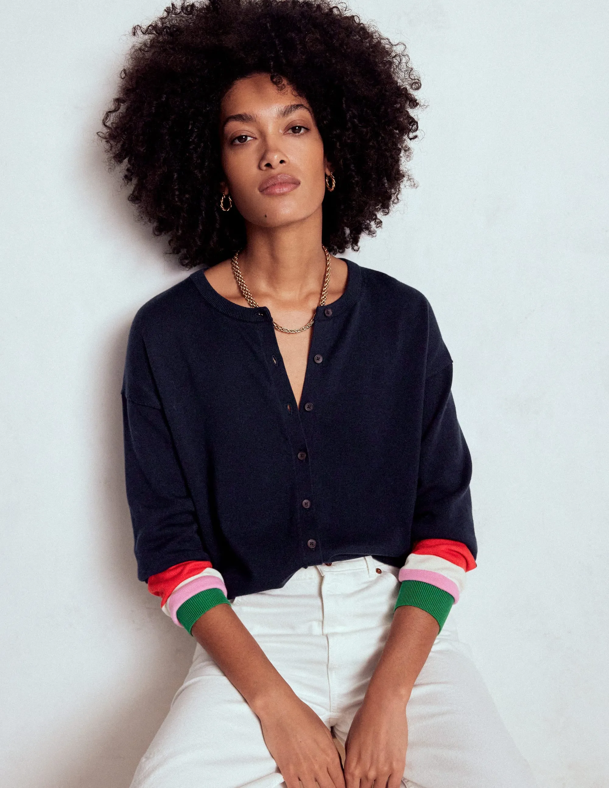 Lara Relaxed Cotton Cardigan-Navy, Cuff Stripe Cozy Texture