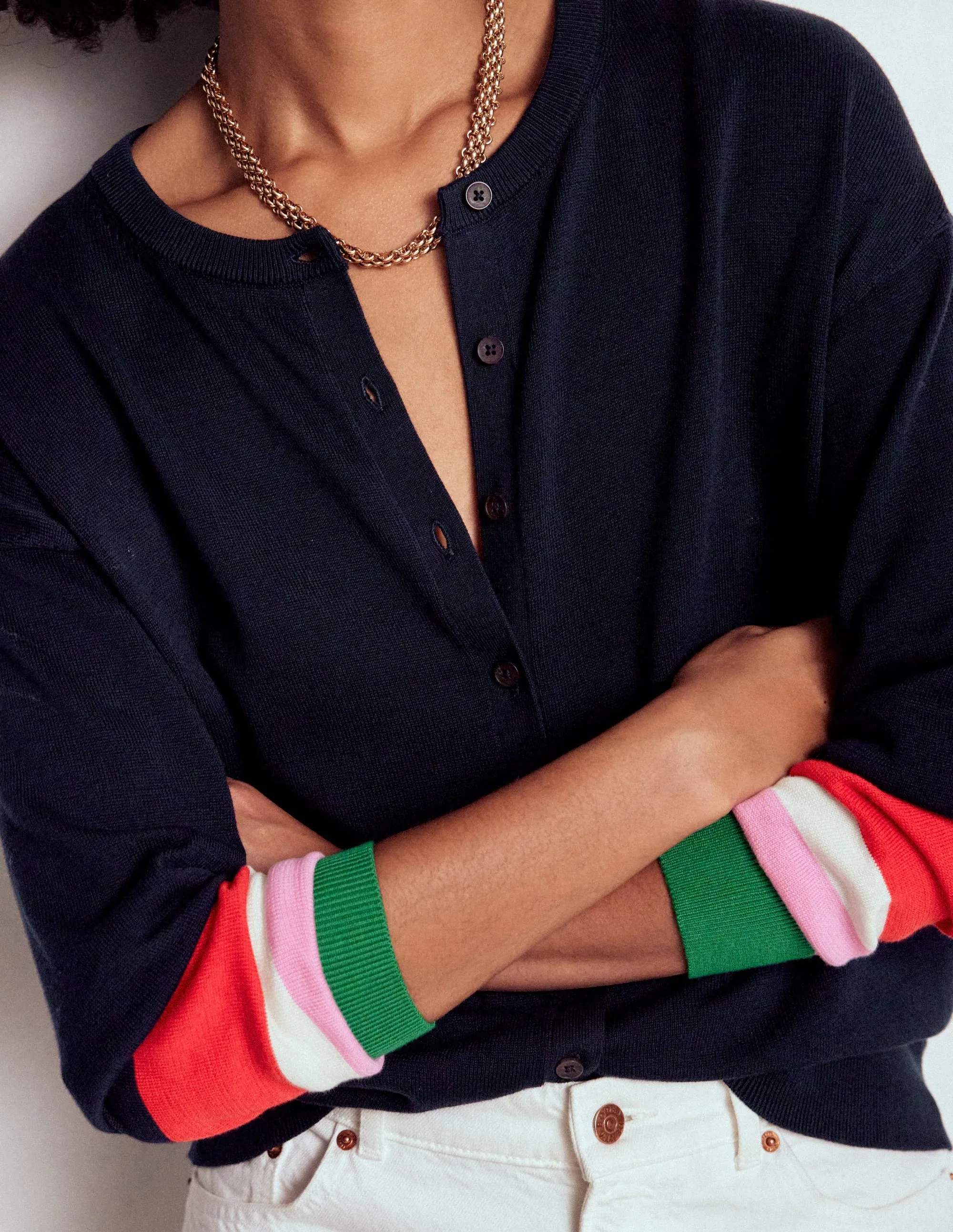 Lara Relaxed Cotton Cardigan-Navy, Cuff Stripe Warm Layers