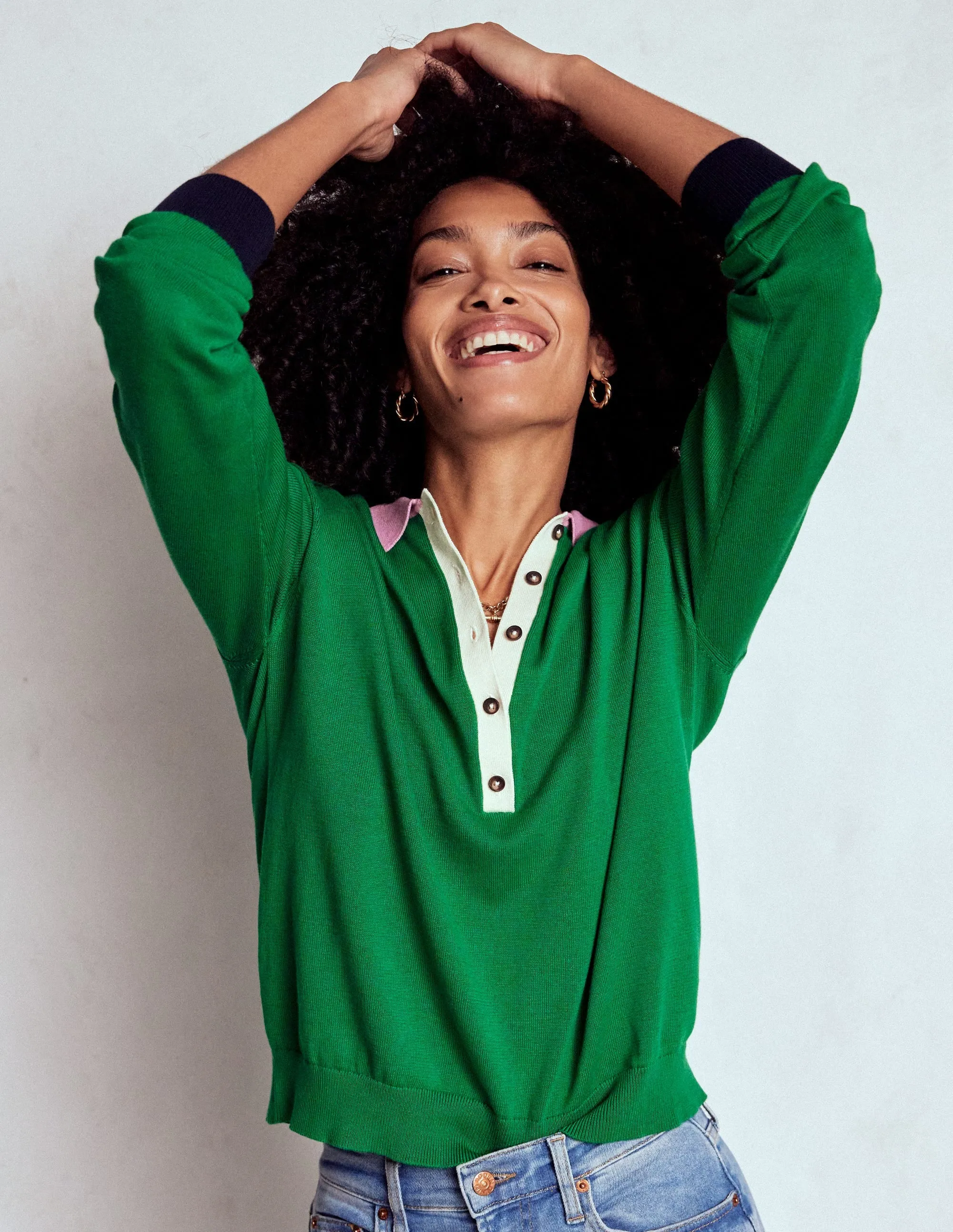Lara Relaxed Cotton Henley Top-Rich Emerald Colour Block Ribbed Trim