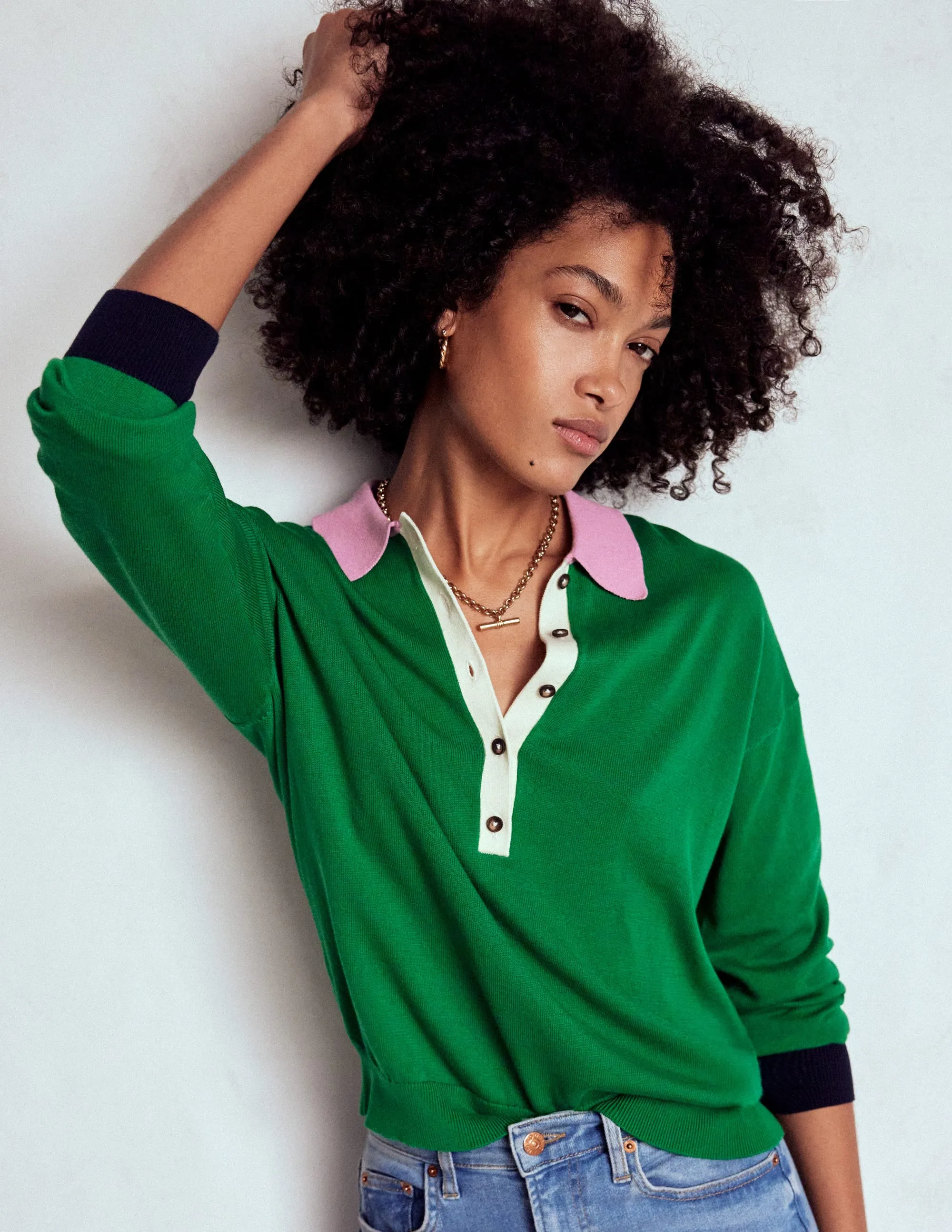 Lara Relaxed Cotton Henley Top-Rich Emerald Colour Block Bamboo Fiber Composition Clean Cut