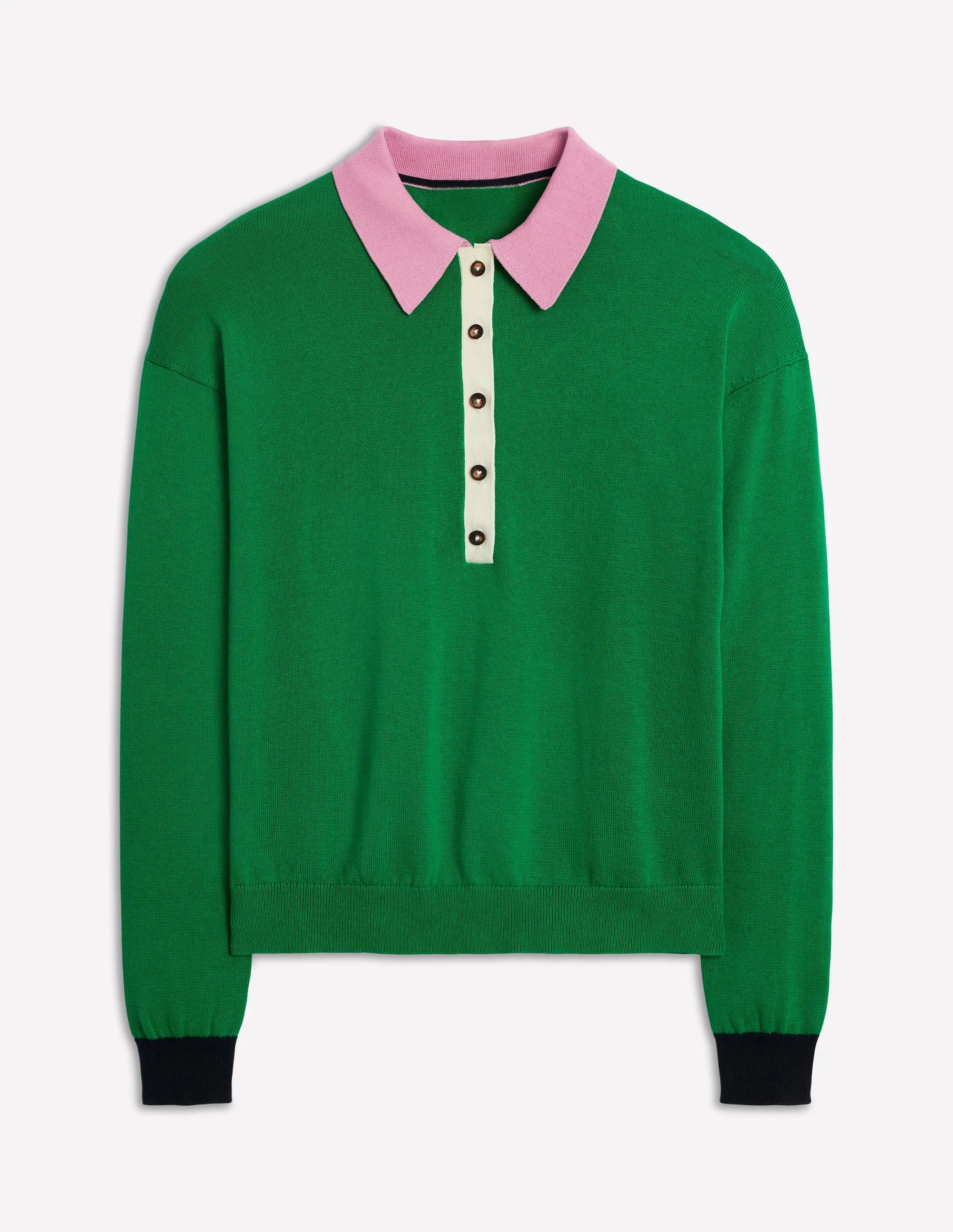 Lara Relaxed Cotton Henley Top-Rich Emerald Colour Block WaffleKnit Texture