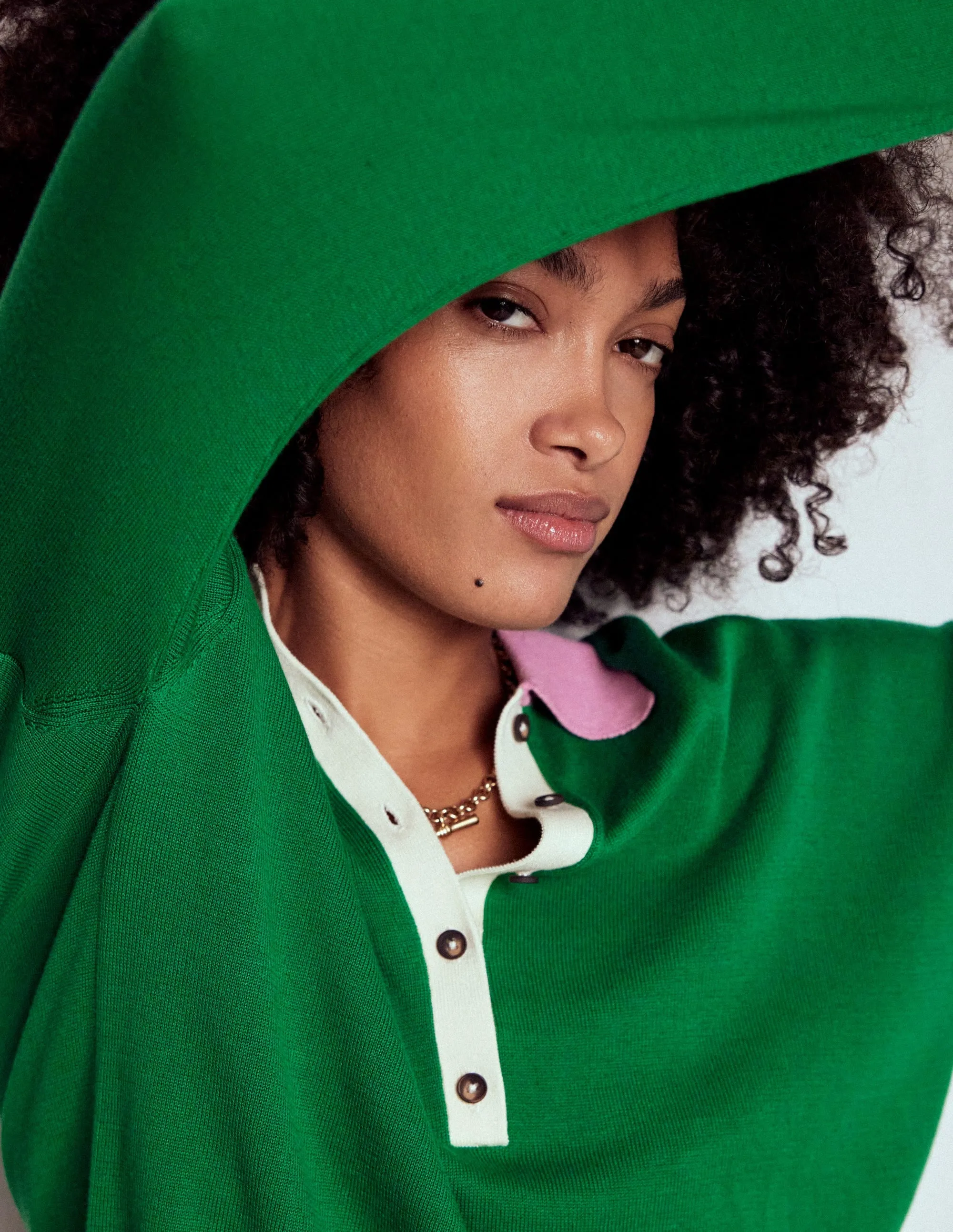 Lara Relaxed Cotton Henley Top-Rich Emerald Colour Block Non Irritating MachineWashable