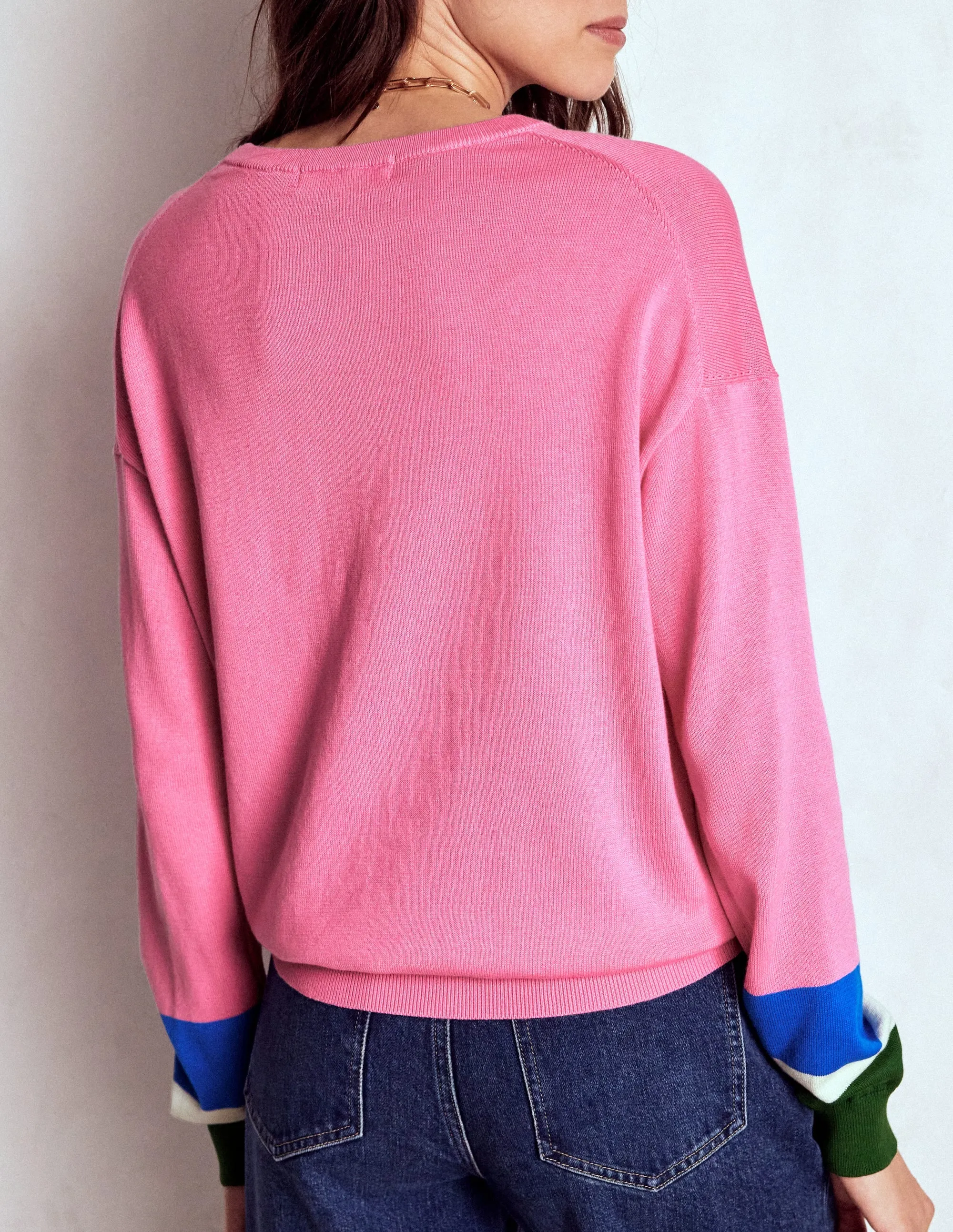 Low Maintenance Lara Relaxed Cotton Jumper-Pink Lemonade, Cuff Stripe
