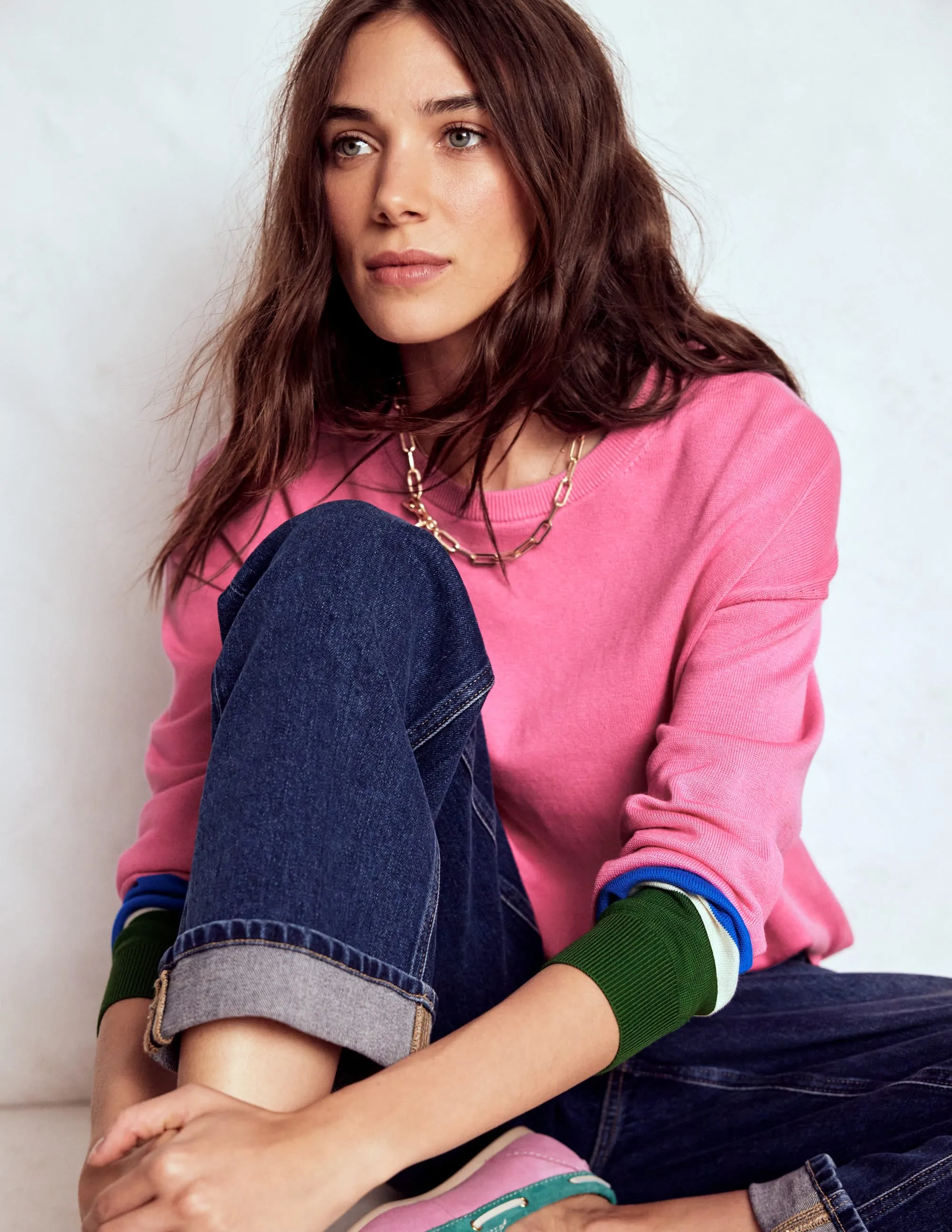 Lara Relaxed Cotton Jumper-Pink Lemonade, Cuff Stripe Urban Fashion