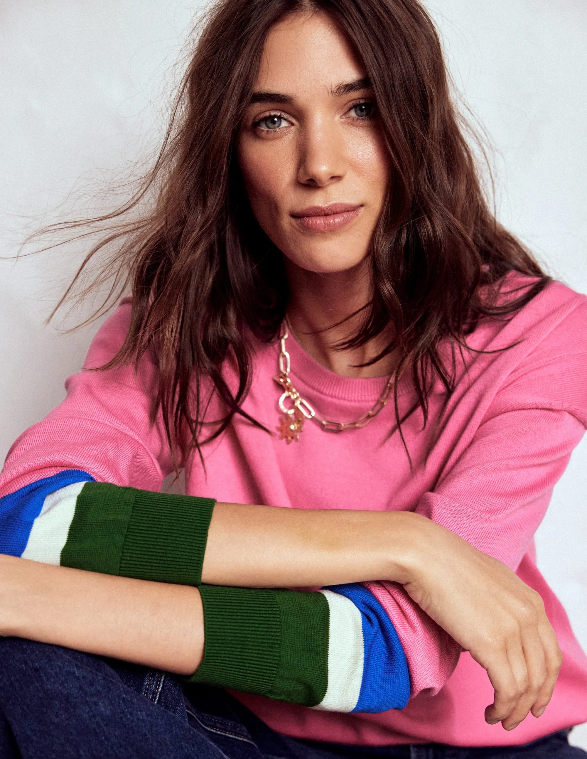 Anti Static Technology Lara Relaxed Cotton Jumper-Pink Lemonade, Cuff Stripe