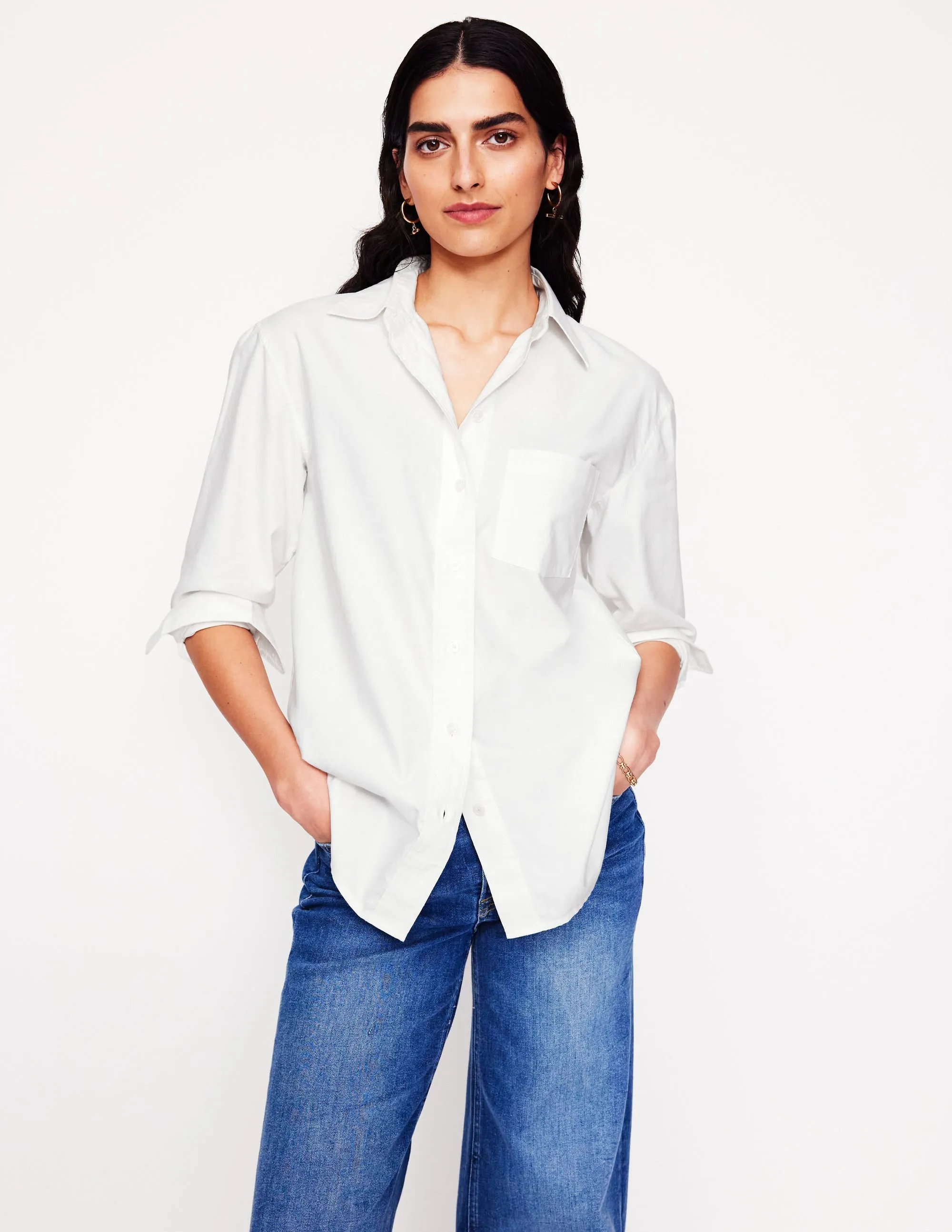 Sadie Relaxed Cotton Shirt-White Oxford High Thread Count Cotton