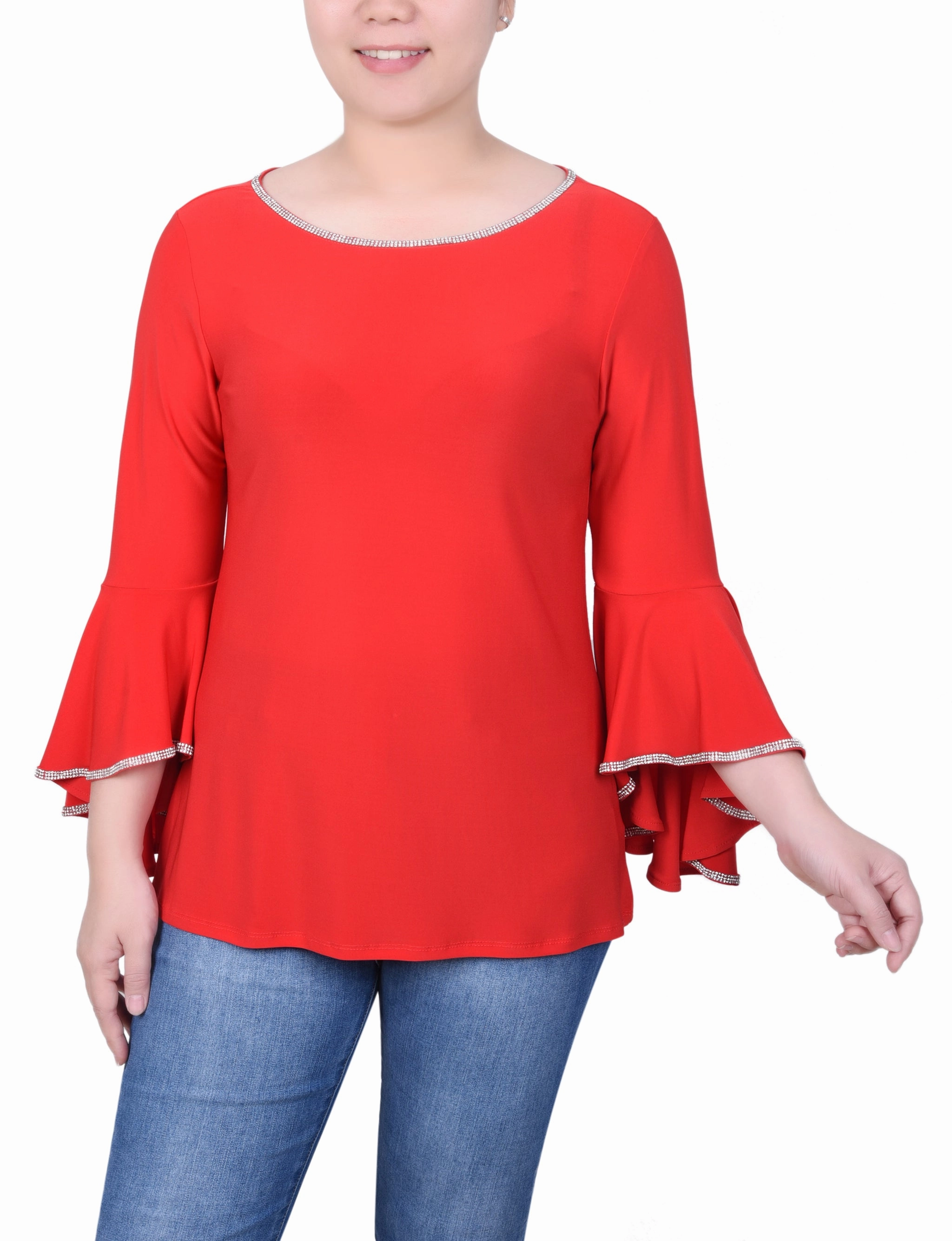 Petite Long Bell Sleeve Tunic Top With Stone Details Garment Washed Basic Tee