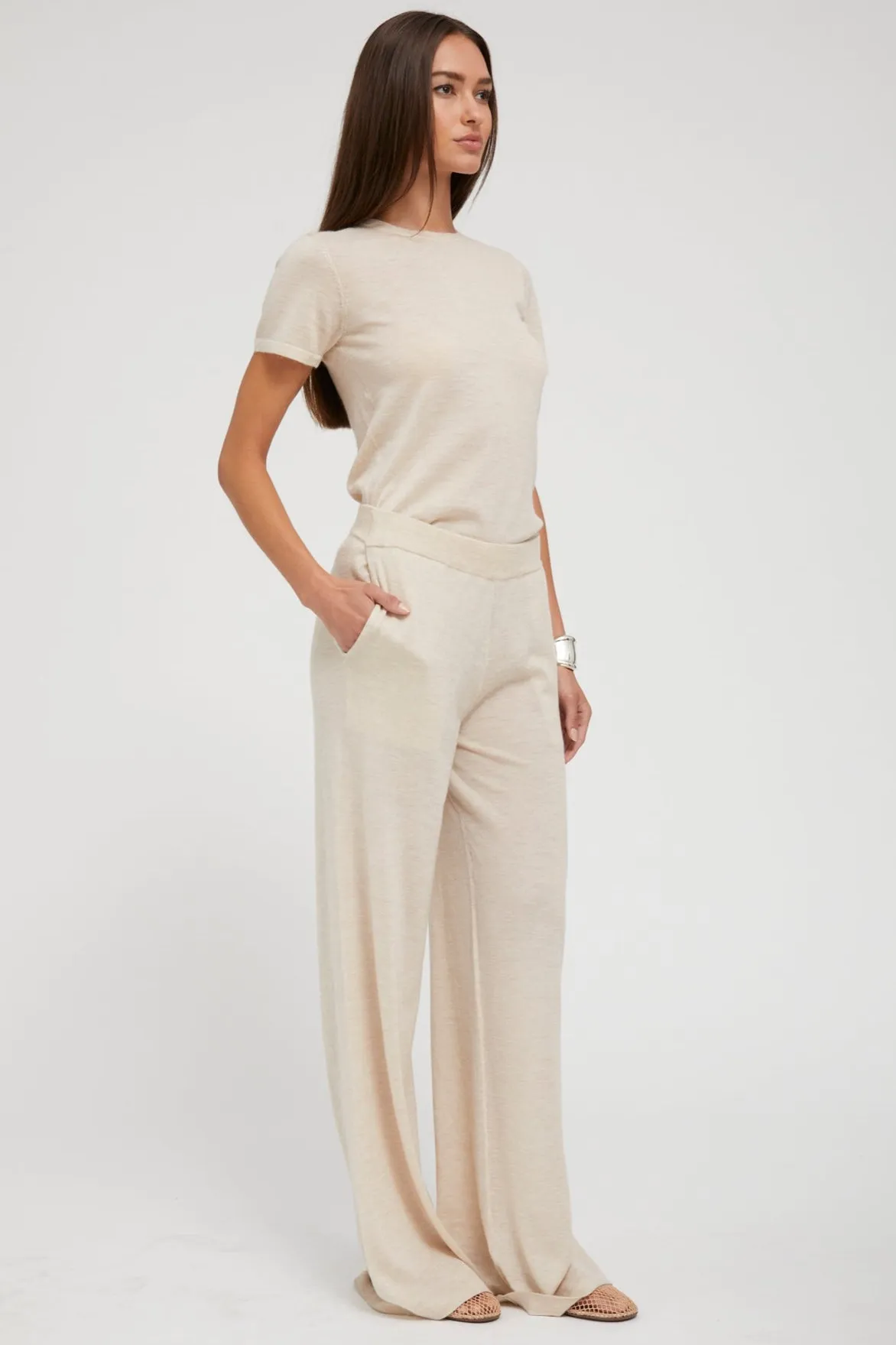 Double Chest Pocket Reinforced Seams Latte Ultra Fine Cashmere Wide Leg Pants