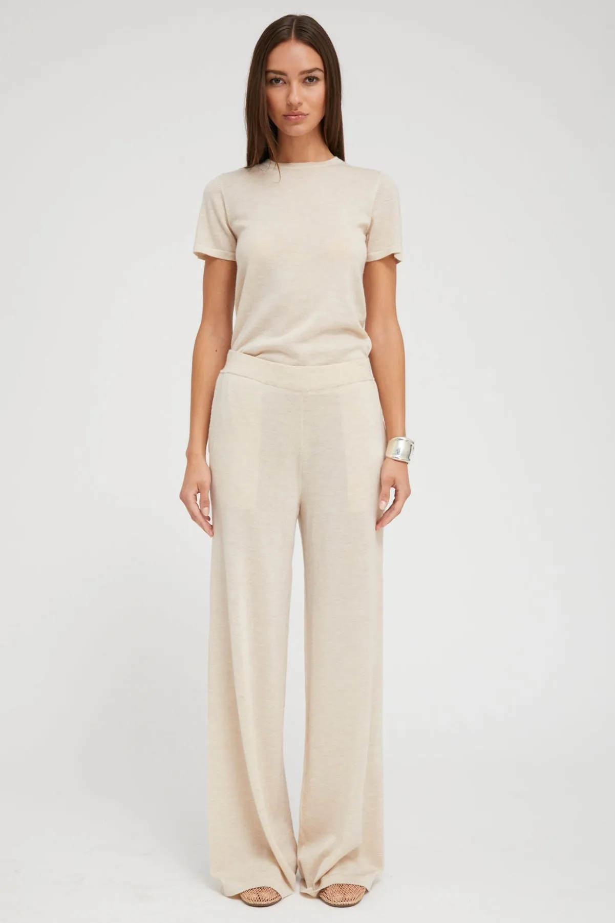 Airflow Optimized Weave Non Restrictive Cut Latte Ultra Fine Cashmere Wide Leg Pants