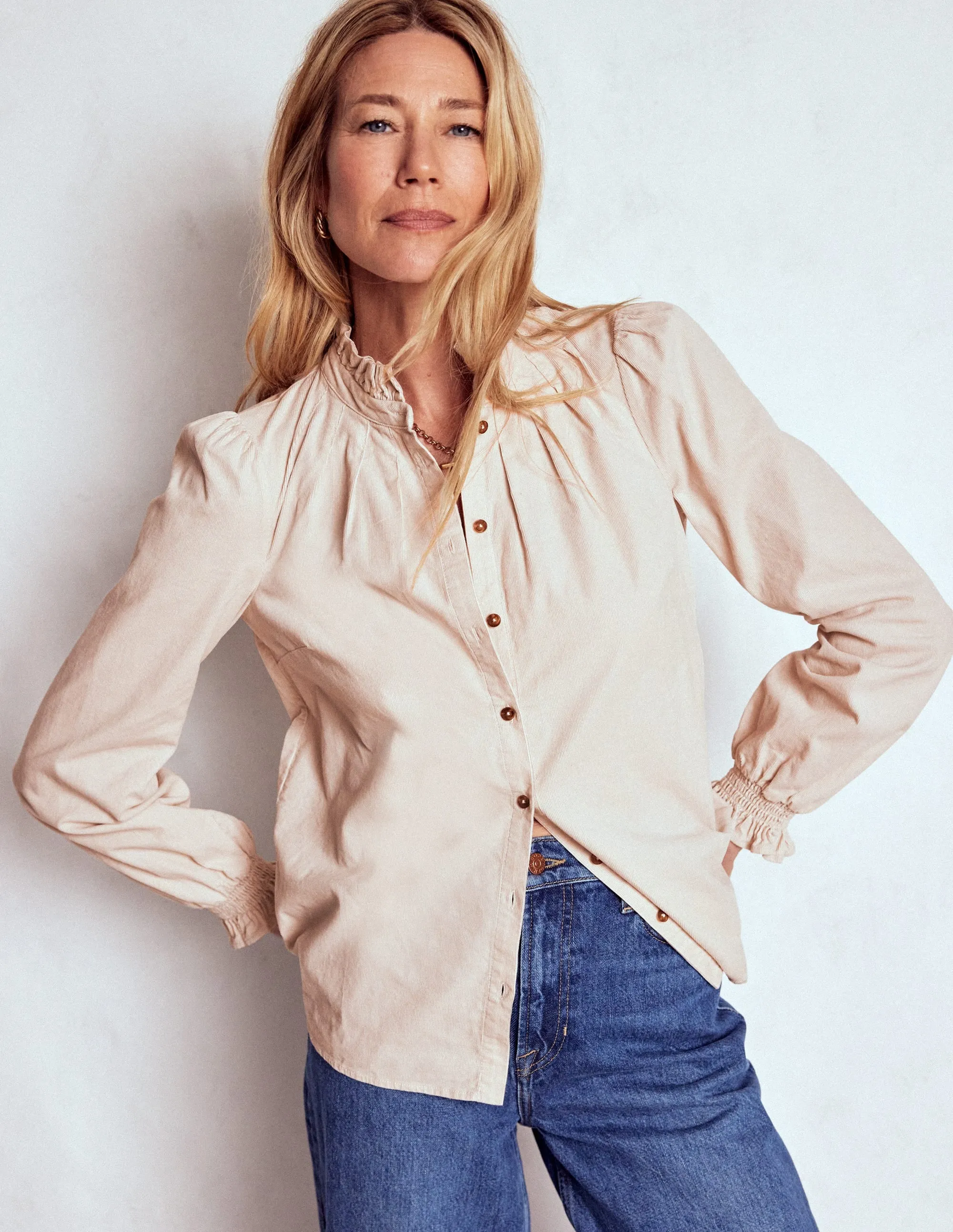 Placket Detailing Lorna Cord Top-Almond Milk