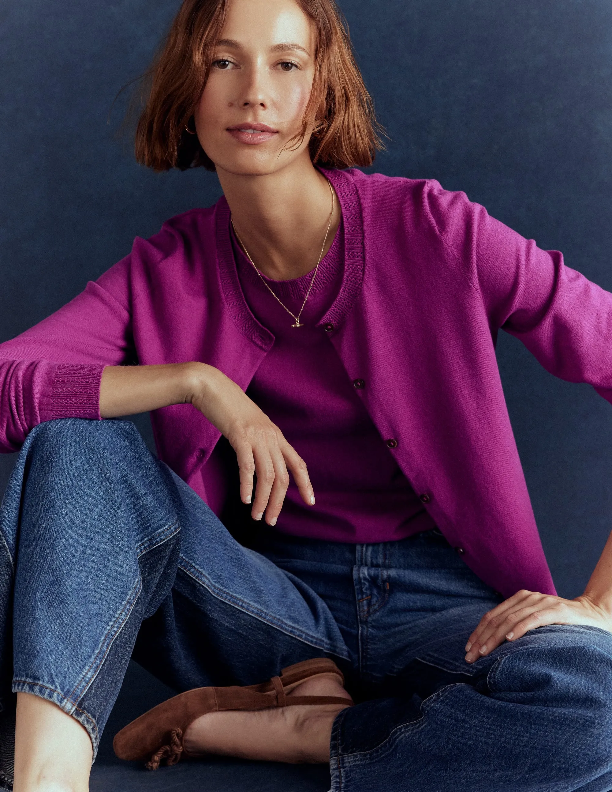 Office Trend Outdoor Comforted Emilia Cotton Crew Cardigan-Regal Purple