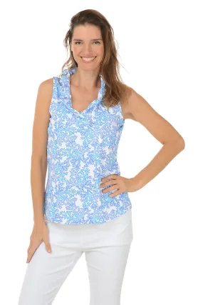 simple design Organic Cotton Blend Blue Coral UPF50  Ruffle Sleeveless Top
